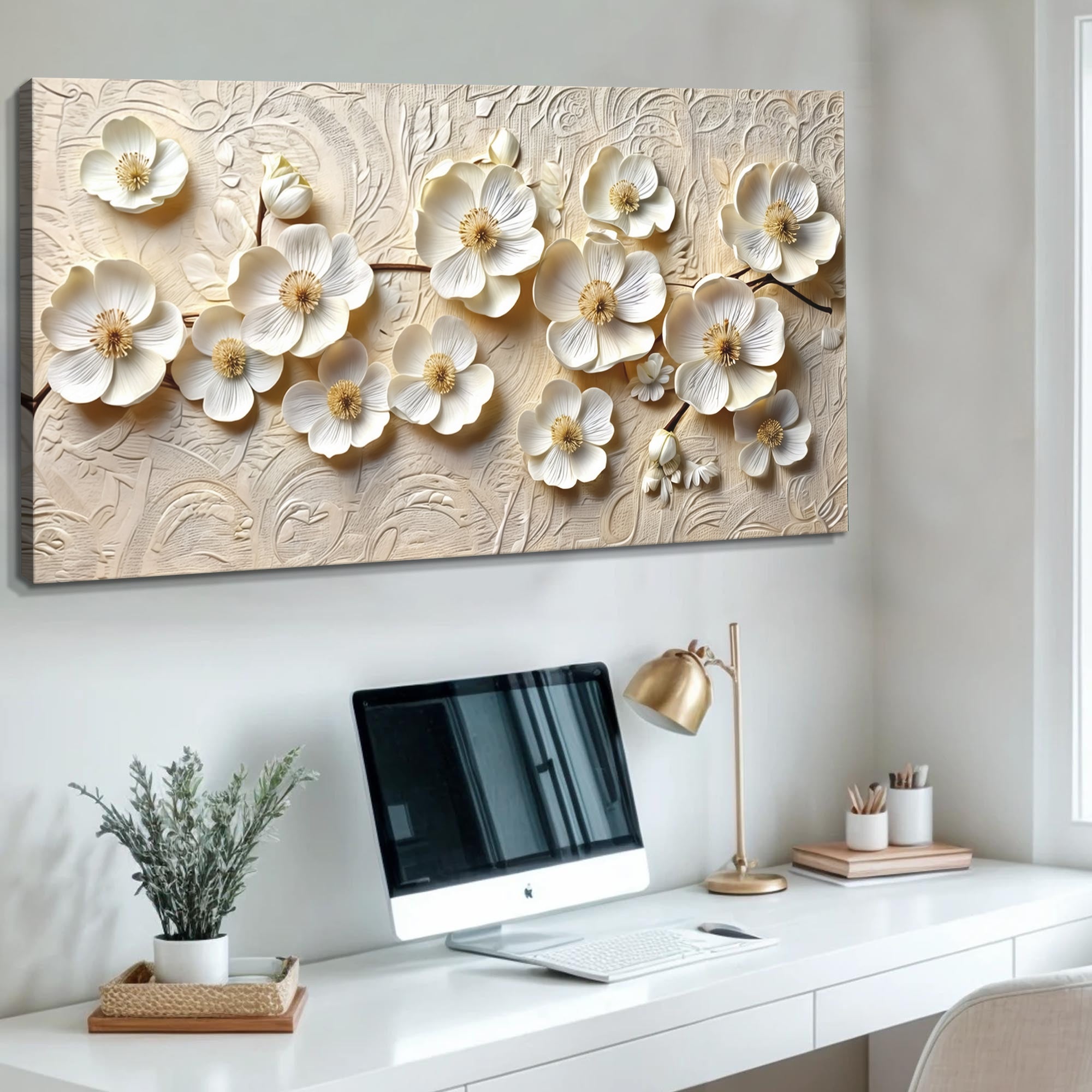 White Blossom Serenade Impasto Wall Art on sale at MyriadMart