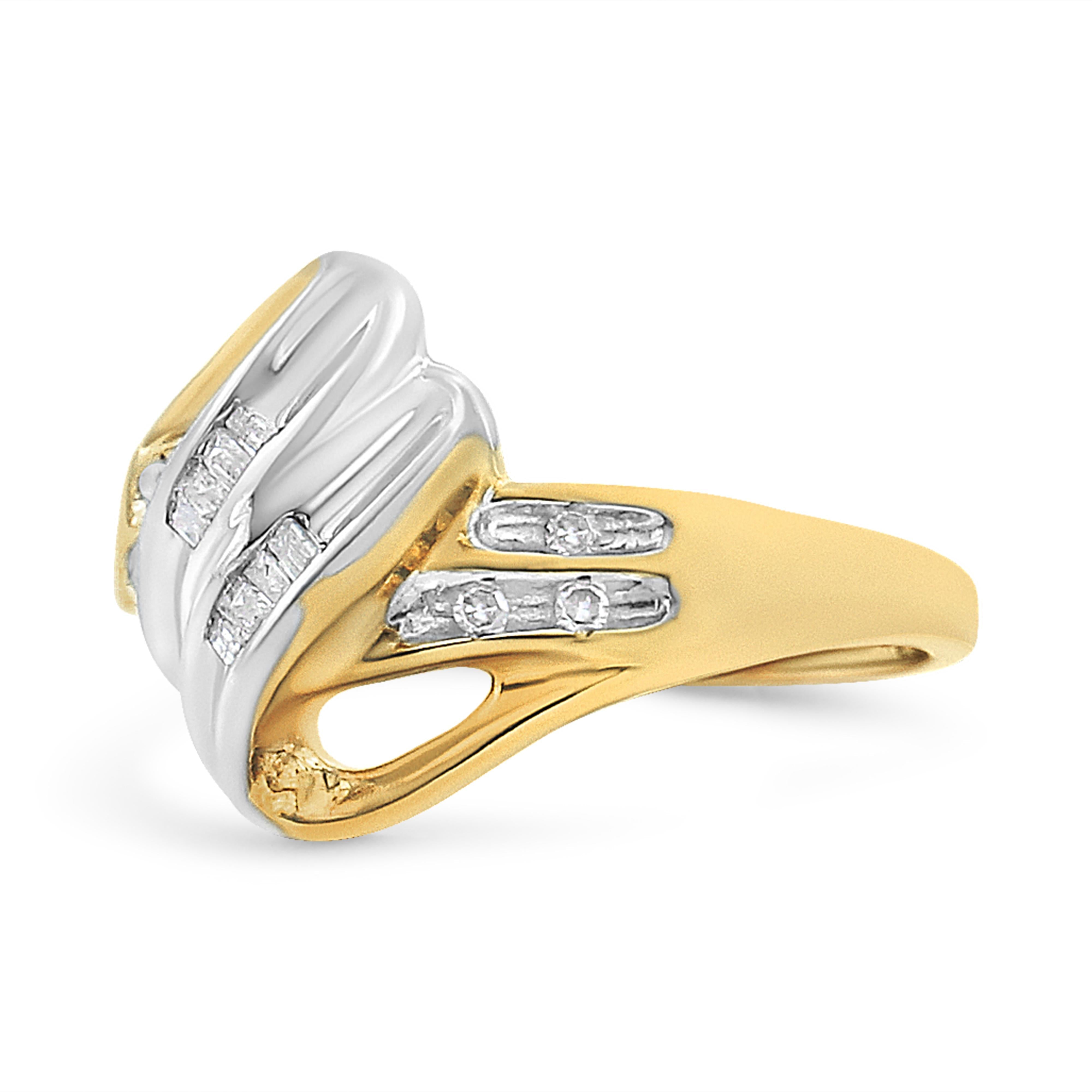 10K Yellow and White Gold 1/10 Cttw Baguette and Round-Cut Diamond Bypass Ring I2 Color, H-I Clarity - Size 7 on sale at MyriadMart