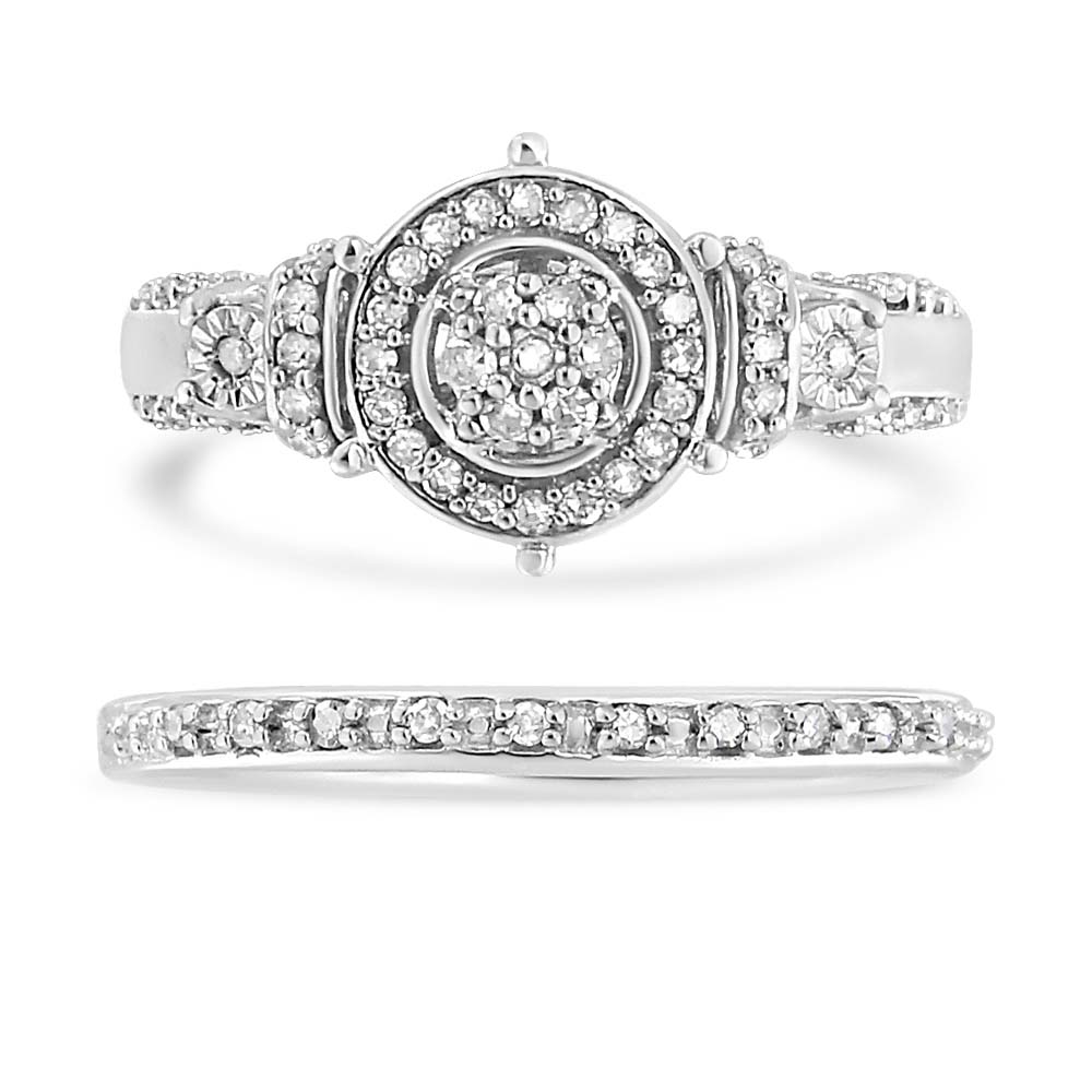 .925 Sterling Silver 1/3 Cttw Diamond 7 Stone Cluster and Halo Engagement Ring and Wedding Band Set I-J Color, I1-I2 Clarity - Size 7 on sale at MyriadMart