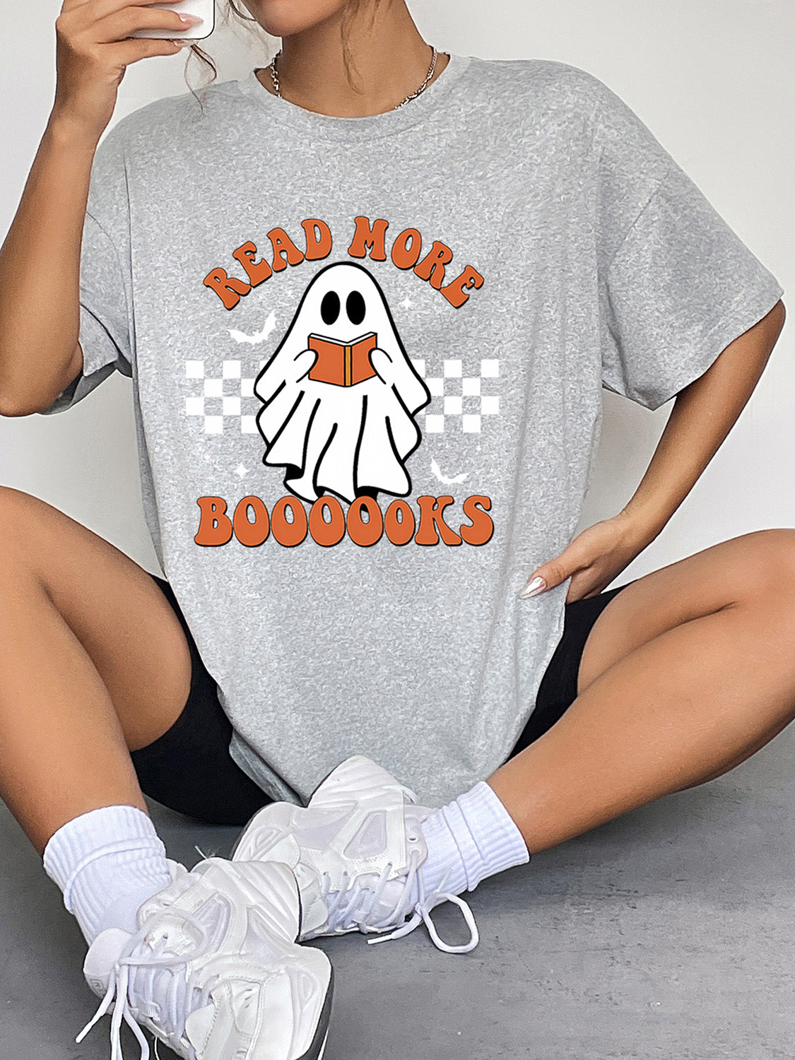 Round Neck Short Sleeve Ghost Graphic T-Shirt - MyriadMart