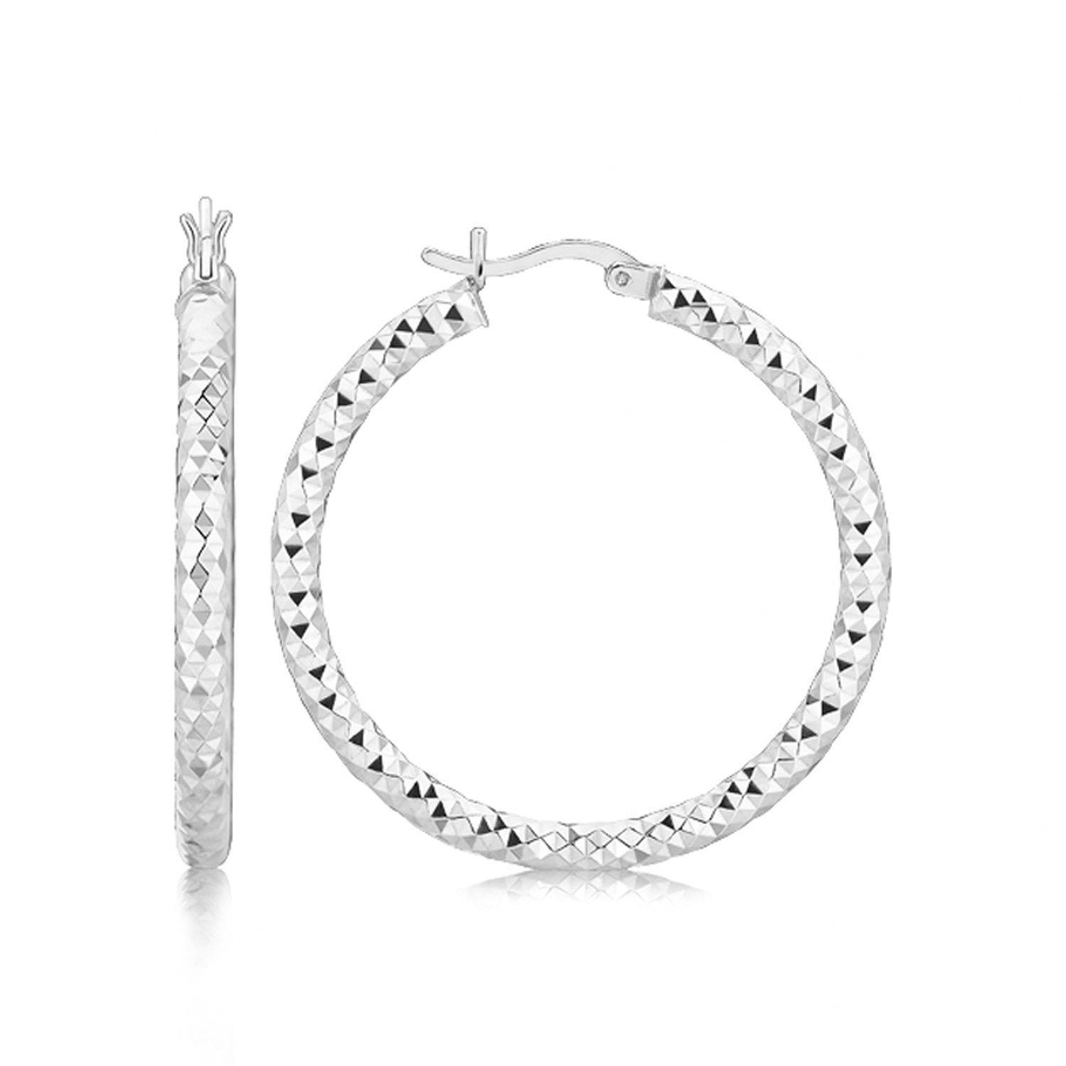 Sterling Silver Faceted Motif Large Hoop Earrings with Rhodium Plating on sale at MyriadMart