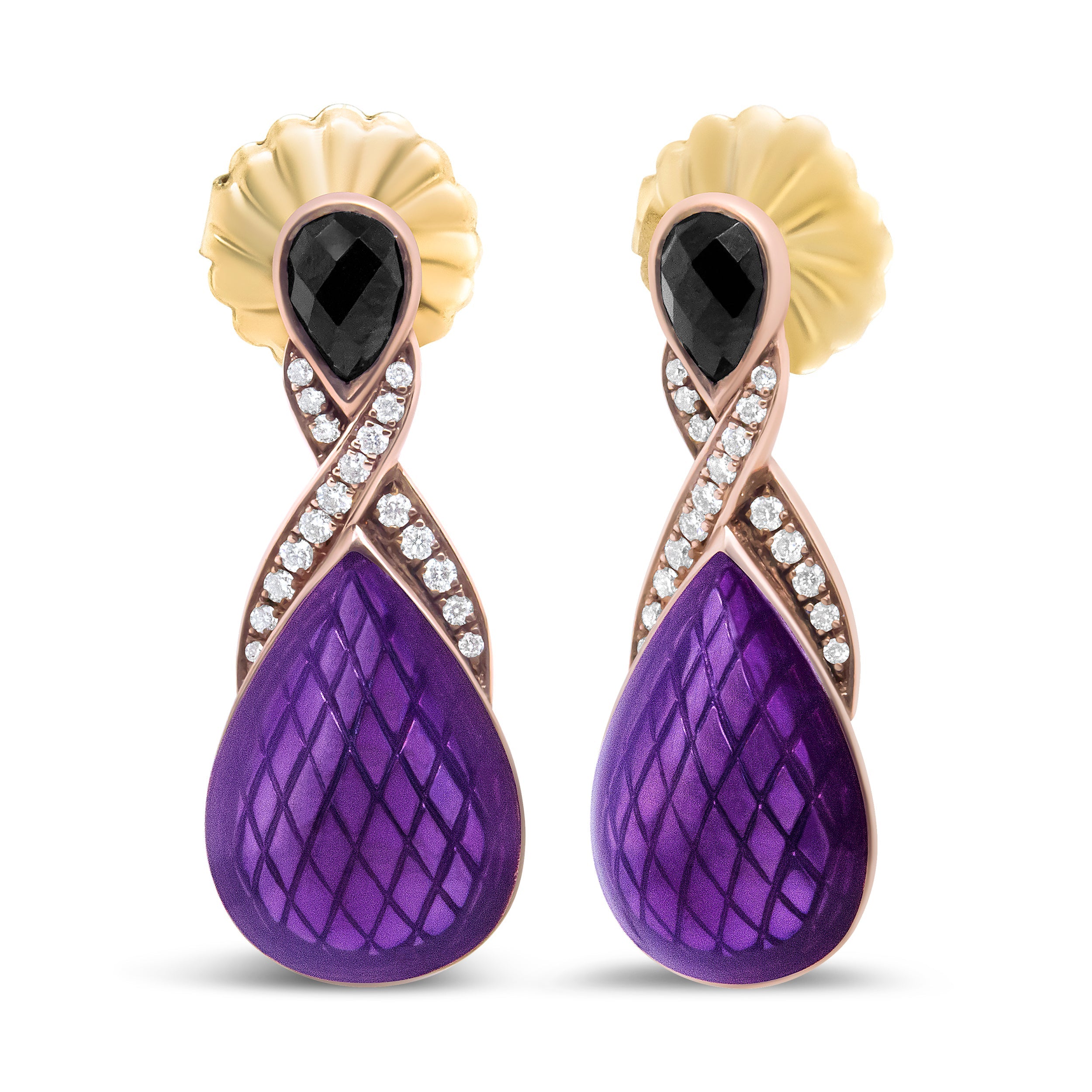 18K Rose Gold Flash Plated .925 Sterling Silver Purple Enamel 1/5 Cttw Round Pave-Set Diamond and 5.5 x 4mm Pear-Shaped Black Onyx Drop Earrings F-G Color, VS1-VS2 Clarity on sale at MyriadMart