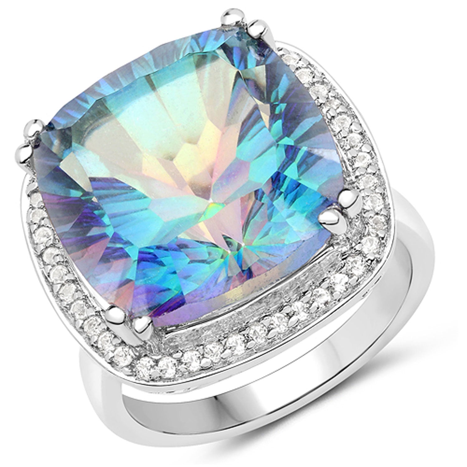 13.33 Carat Genuine Blue Rainbow Quartz and White Topaz .925 Sterling Silver Ring on sale at MyriadMart