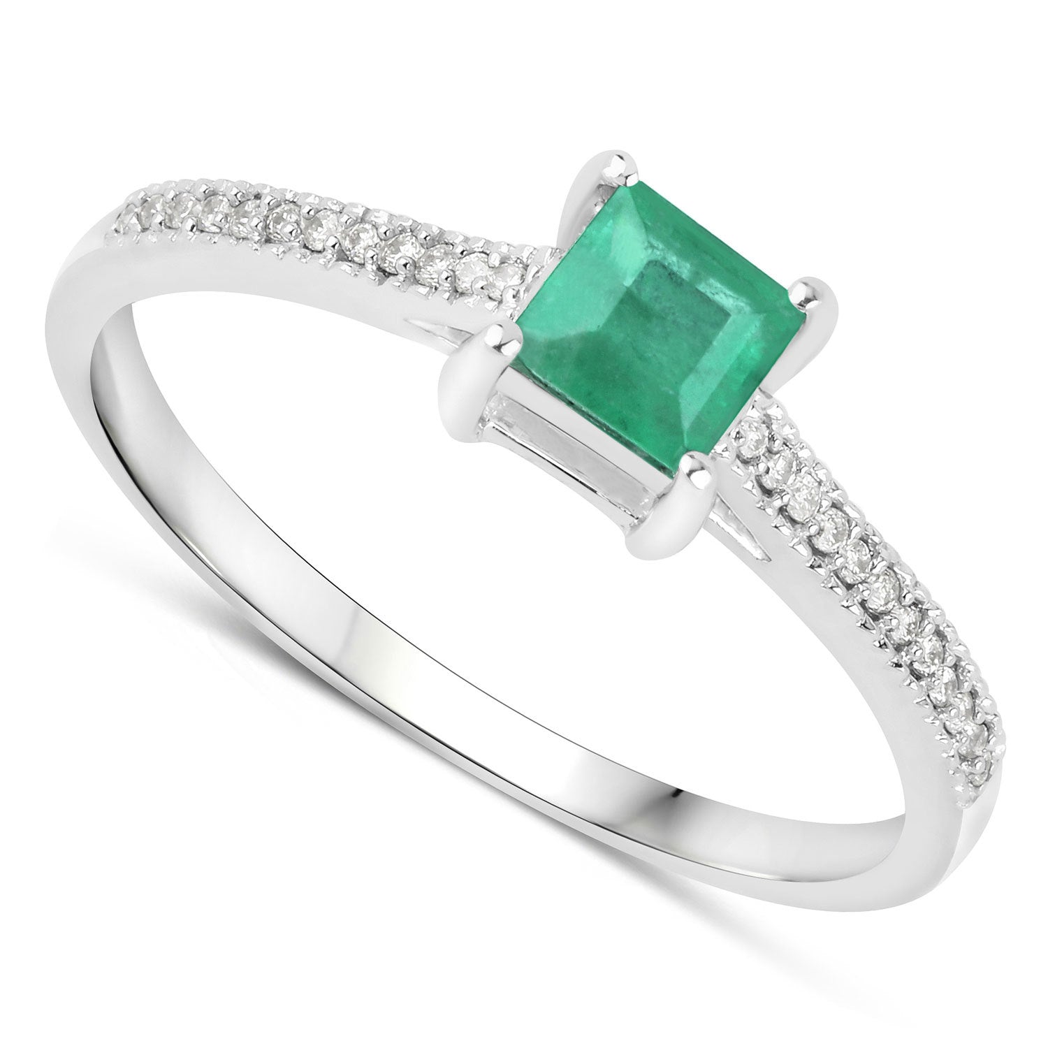 0.67 Carat Genuine Zambian Emerald and White Diamond 14K White Gold Ring