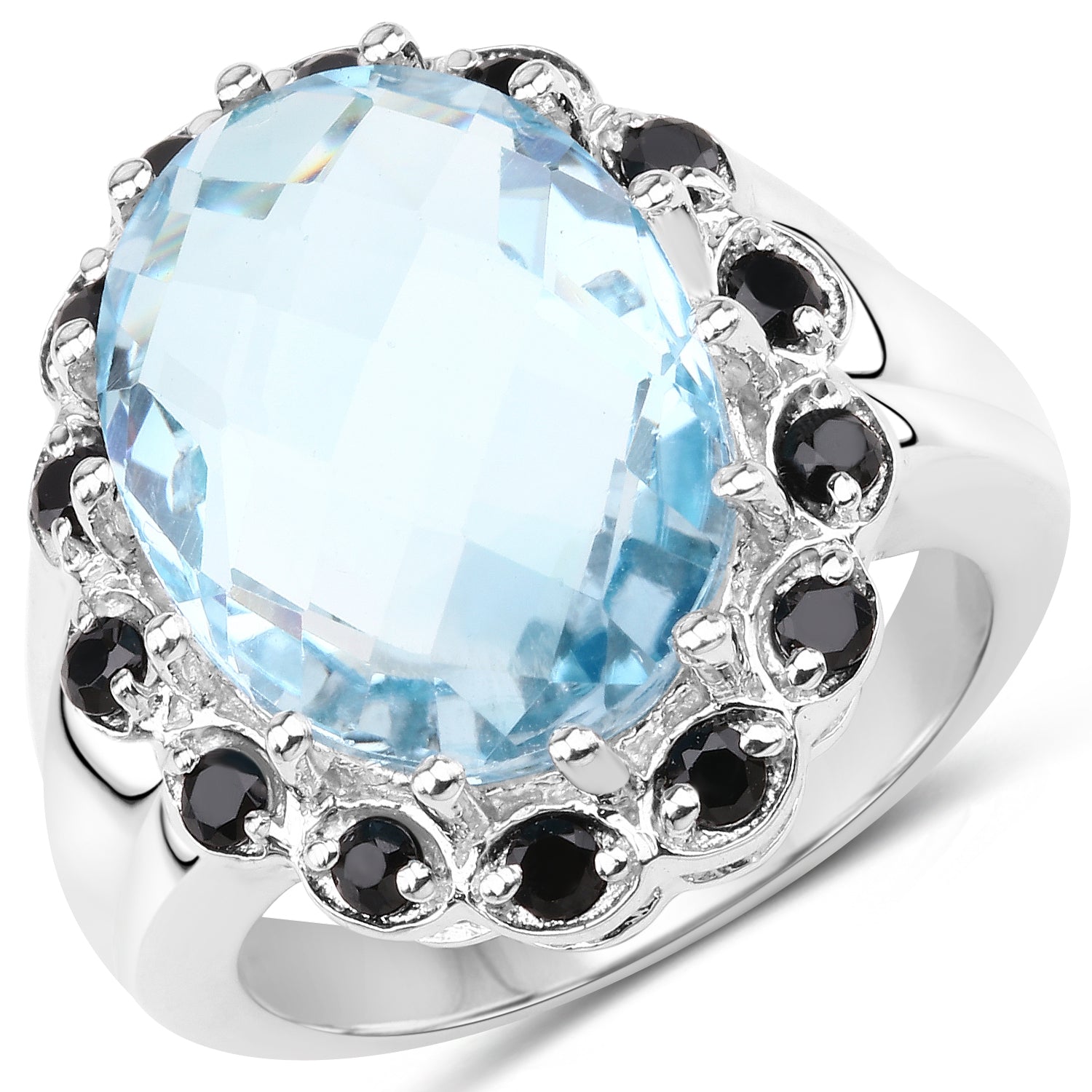 12.49 Carat Genuine Blue Topaz & Black Spinel .925 Sterling Silver Ring on sale at MyriadMart