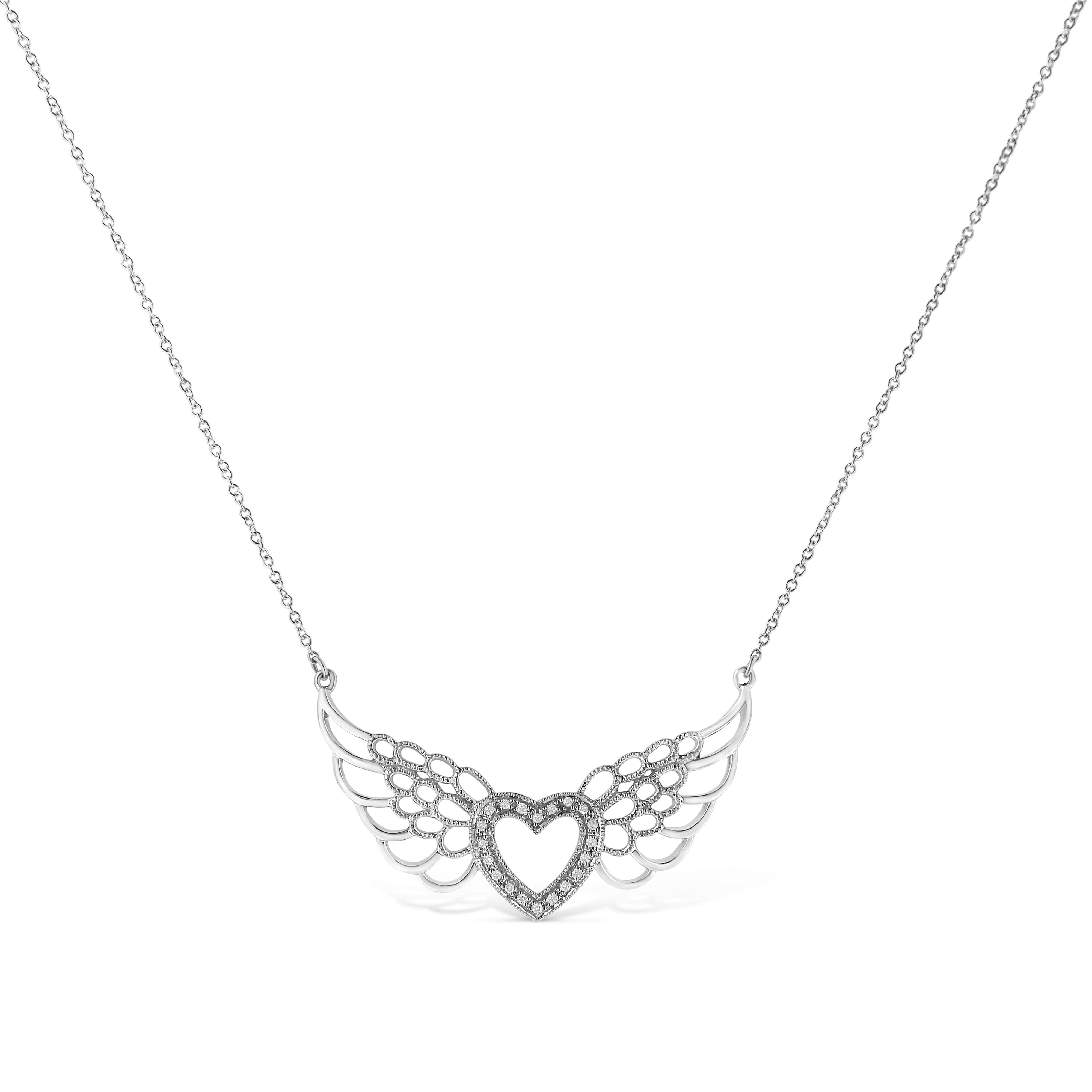 .925 Sterling Silver Pave-Set Diamond Accent Fairy Wing 18" Heart Pendant Necklace I-J Color, I1-I2 Clarity on sale at MyriadMart
