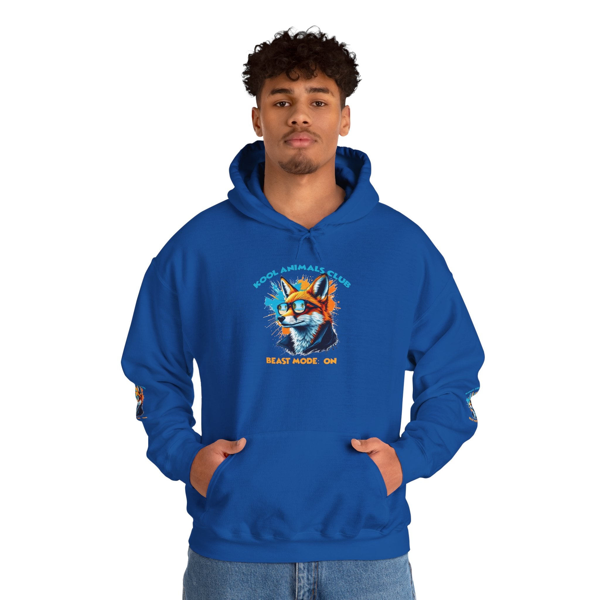 Kool Animals Club Hoodie with Cool Fox in Sunglasses and ‘Beast Mode On’ Design, Unisex Sweatshirt for Animal Lovers, Casual Streetwear, Perfect Gift for Holidays on sale at MyriadMart