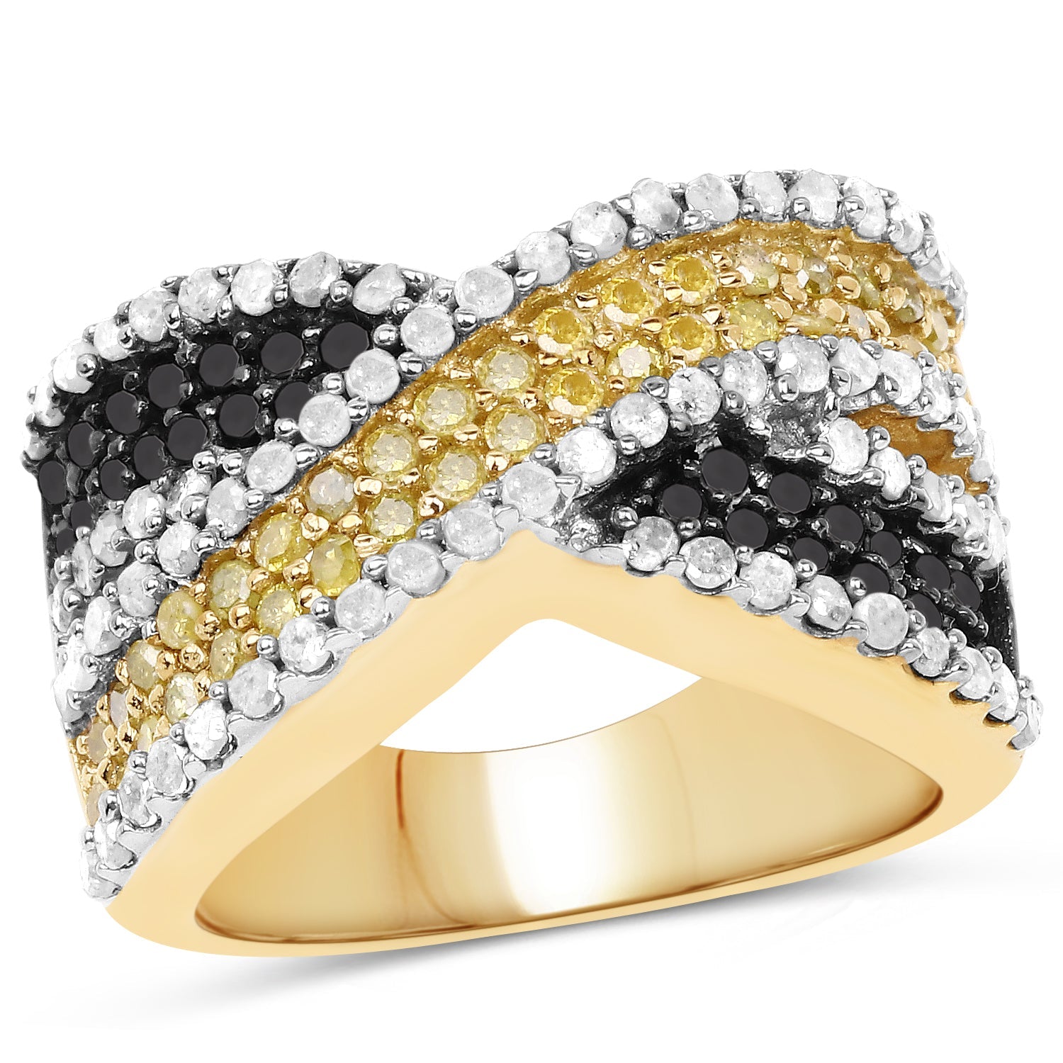 14K Yellow Gold Plated 1.58 Carat Genuine Black Diamond, White Diamond & Yellow Diamond .925 Sterling Silver Ring on sale at MyriadMart
