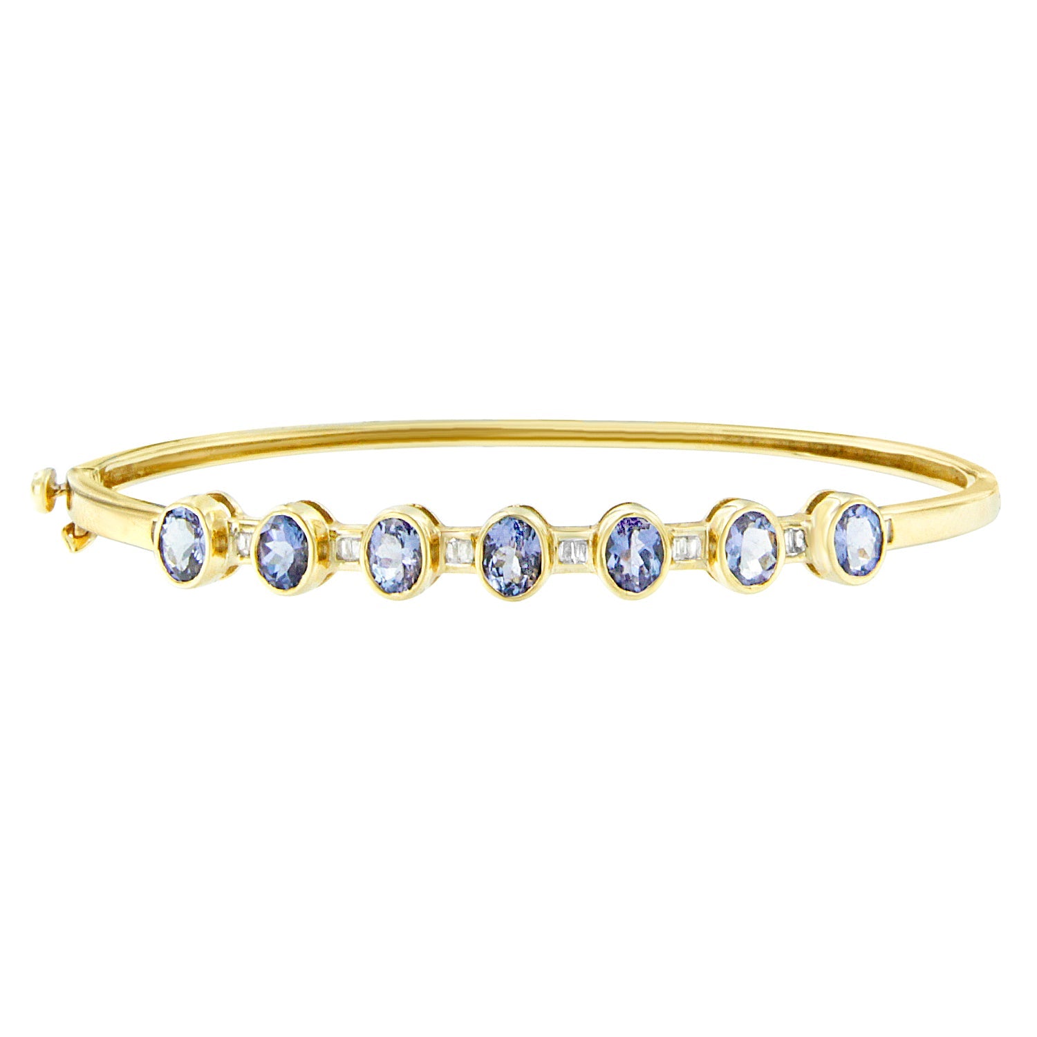 14K Yellow Gold Alternating Bezel Set 5MM Oval Shaped Tanzanite and 1/5 Cttw Diamond Bangle Bracelet (H-I Color, VS2-SI1 Clarity) - Fit's wrists up to 7.25" Inches