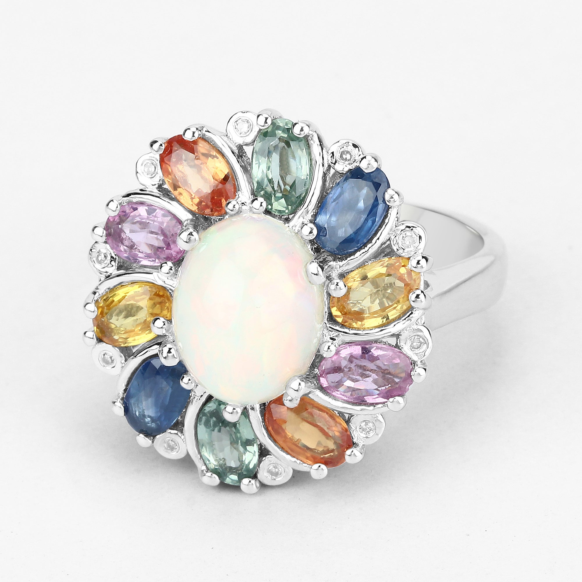 3.92 Carat Genuine Ethiopian Opal, Multi Sapphire and White Diamond .925 Sterling Silver Ring on sale at MyriadMart