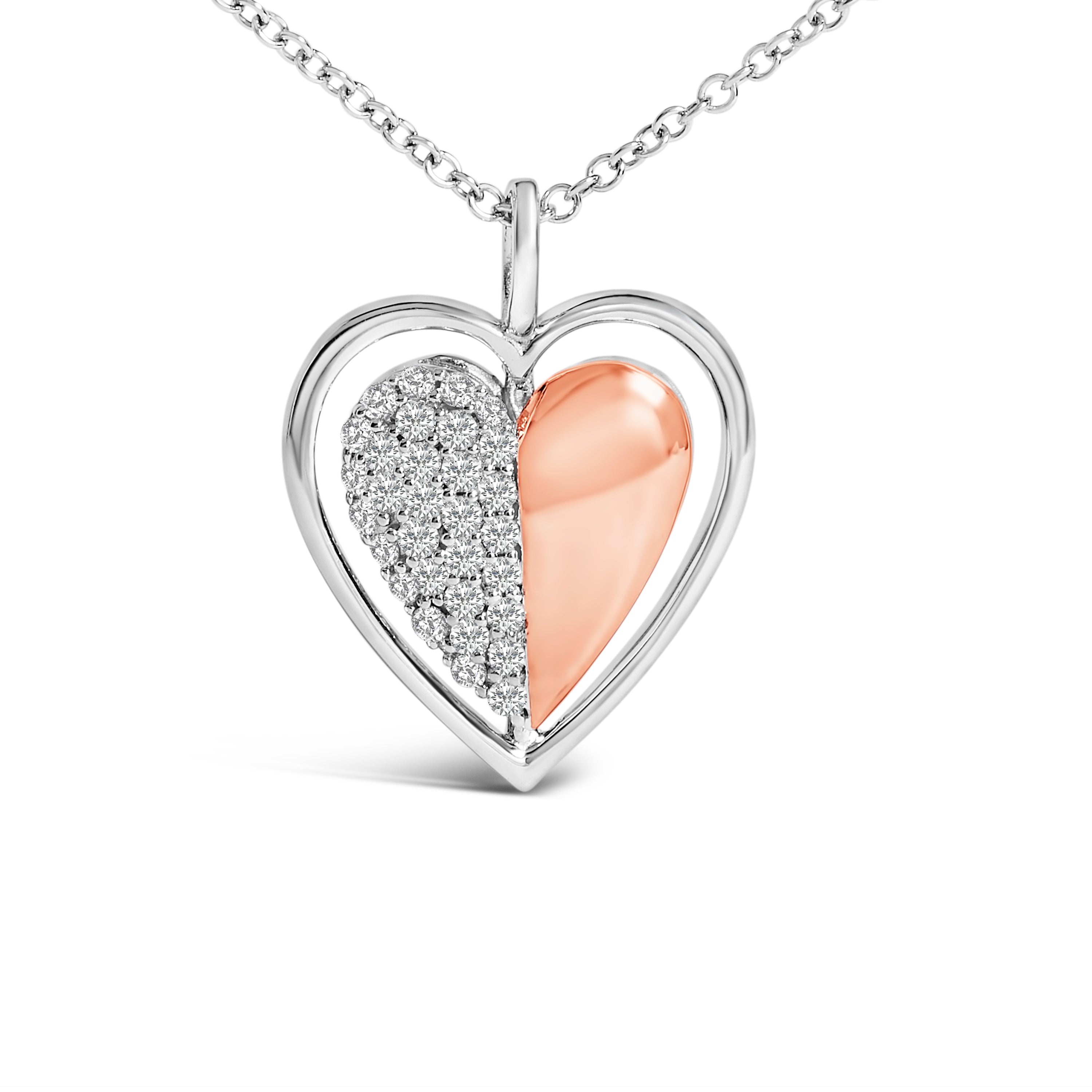 10K Rose Gold Plated Sterling Silver 1/5 Cttw Diamond Two-Tone Heart Pendant Necklace on sale at MyriadMart