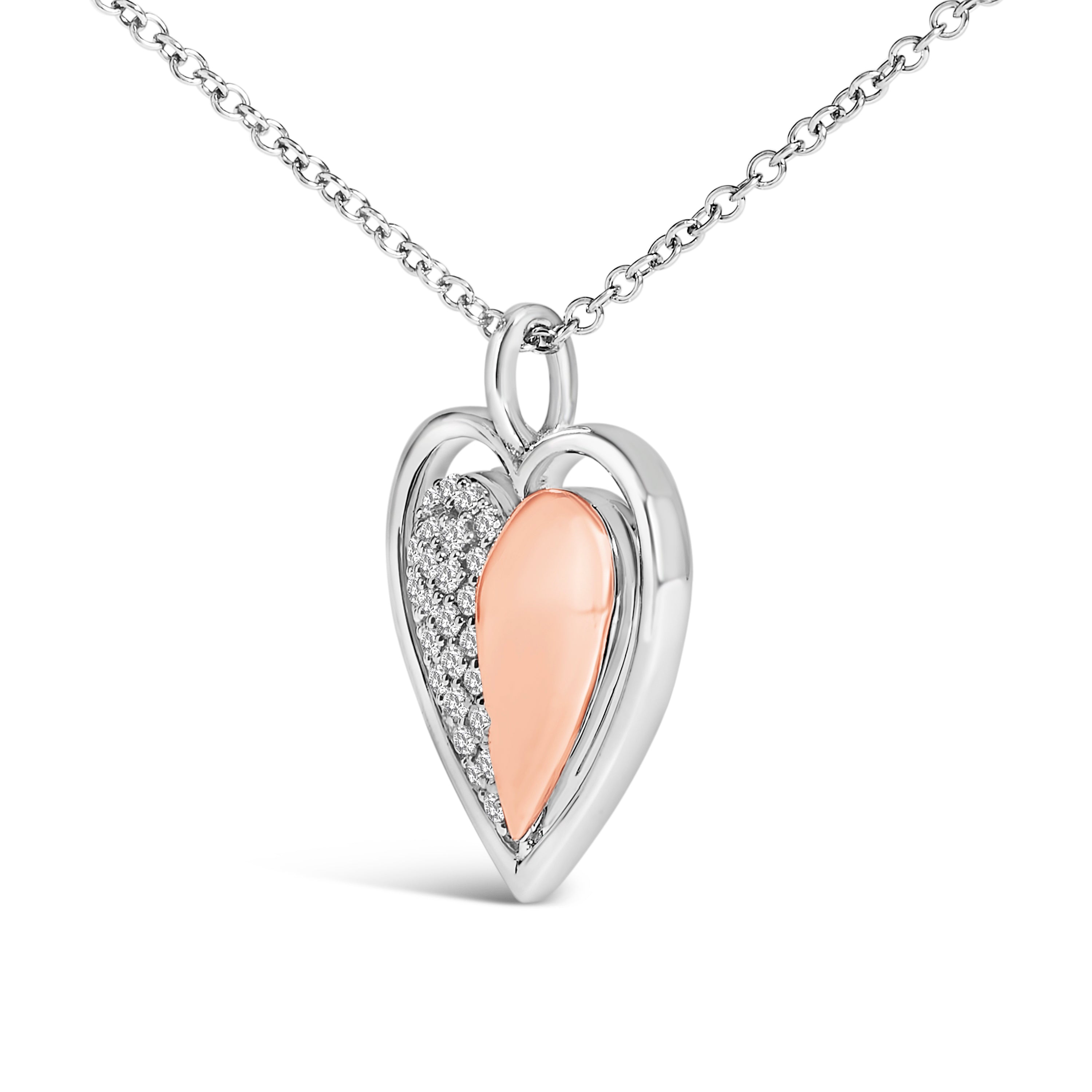 10K Rose Gold Plated Sterling Silver 1/5 Cttw Diamond Two-Tone Heart Pendant Necklace on sale at MyriadMart