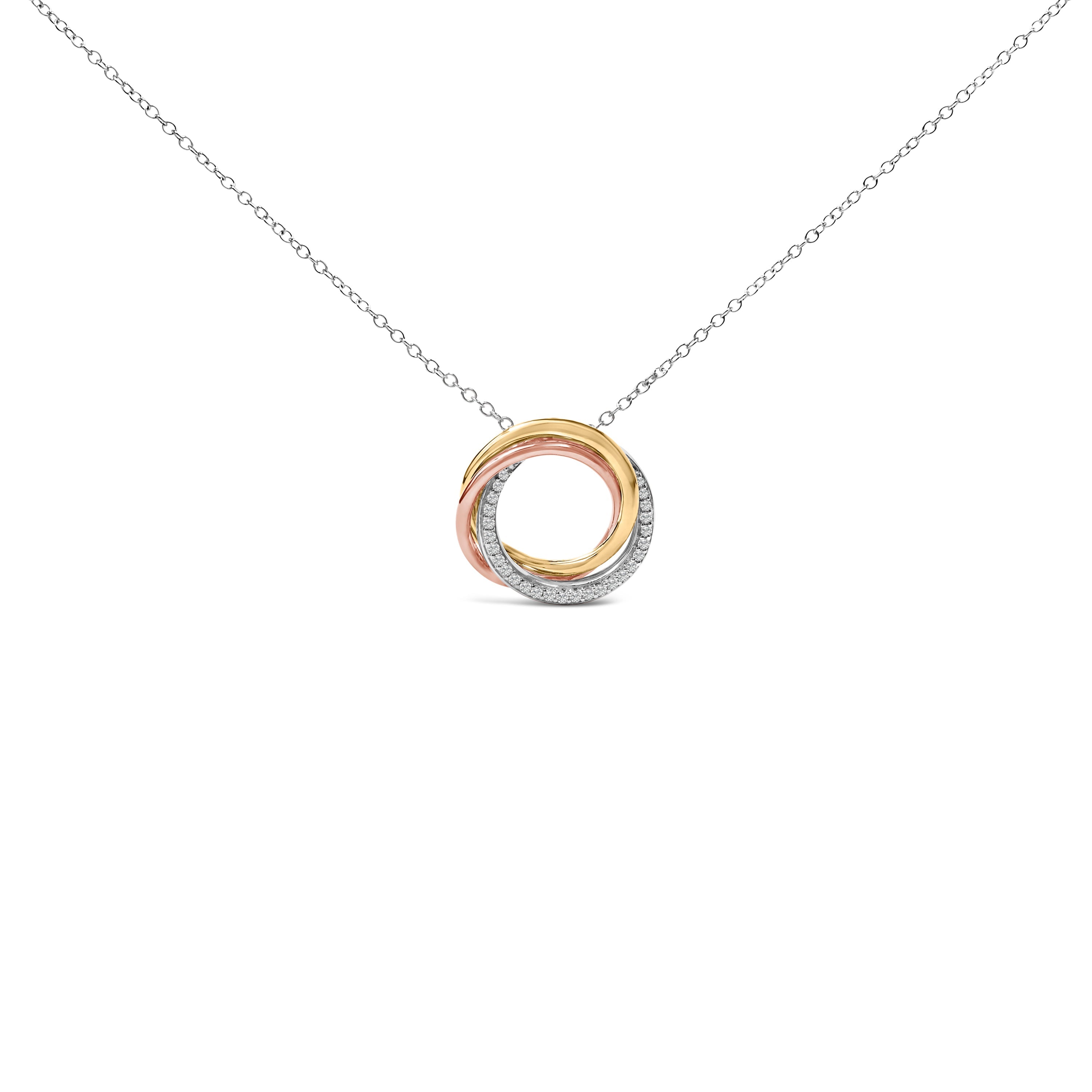 Tri Tone Sterling Silver 1/5 Cttw Diamond Interlocking Circle Pendant Necklace
