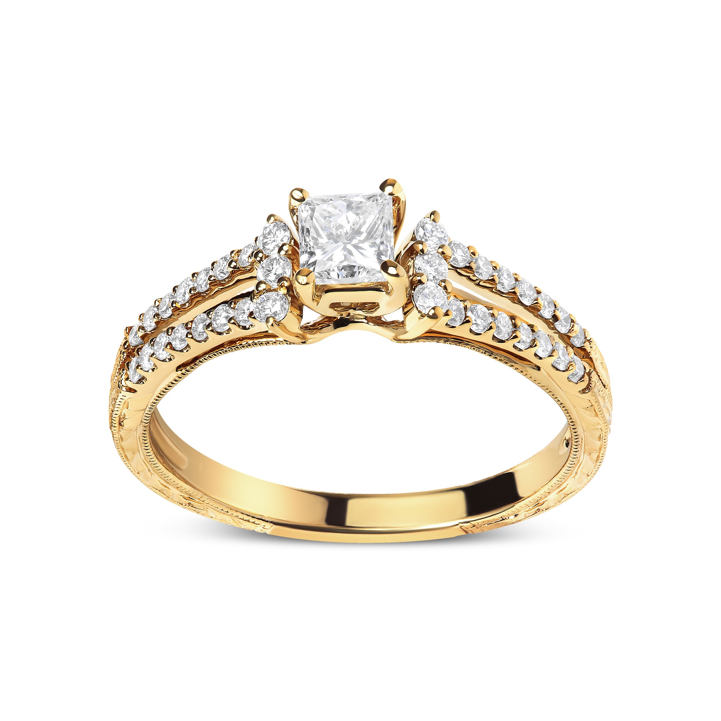 14K Yellow Gold Diamond 5/8 Cttw Princess Diamond Split Shank and Milgrain Engagement Ring G-H Color, VS2-SI1 Clarity - Size 7 on sale at MyriadMart