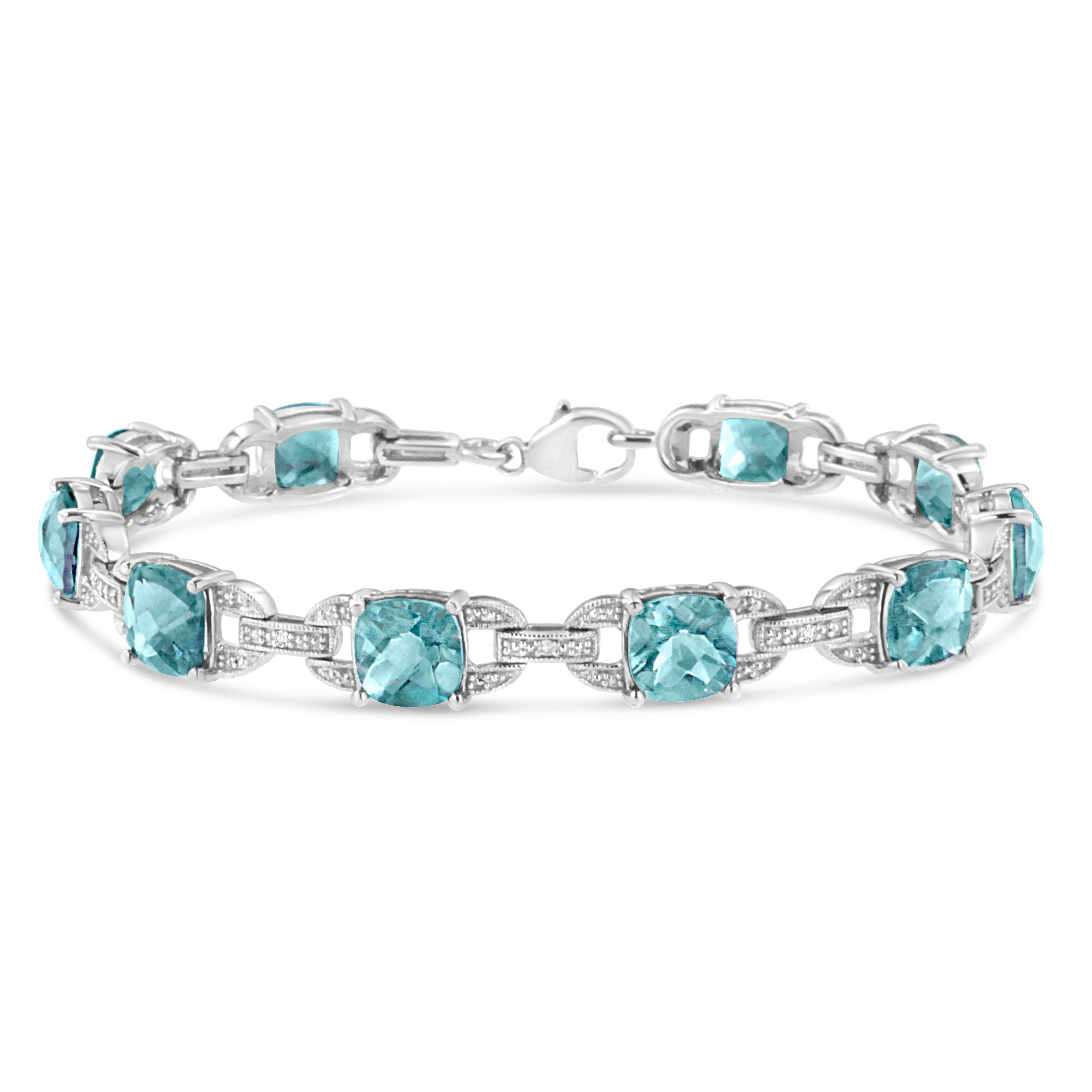 .925 Sterling Silver 7x7 mm Cushion Cut Blue Topaz and 1/20 cttw Round Cut Diamond Fashion Tennis Bracelet I-J Color, I1-I2 Clarity - 7" on sale at MyriadMart