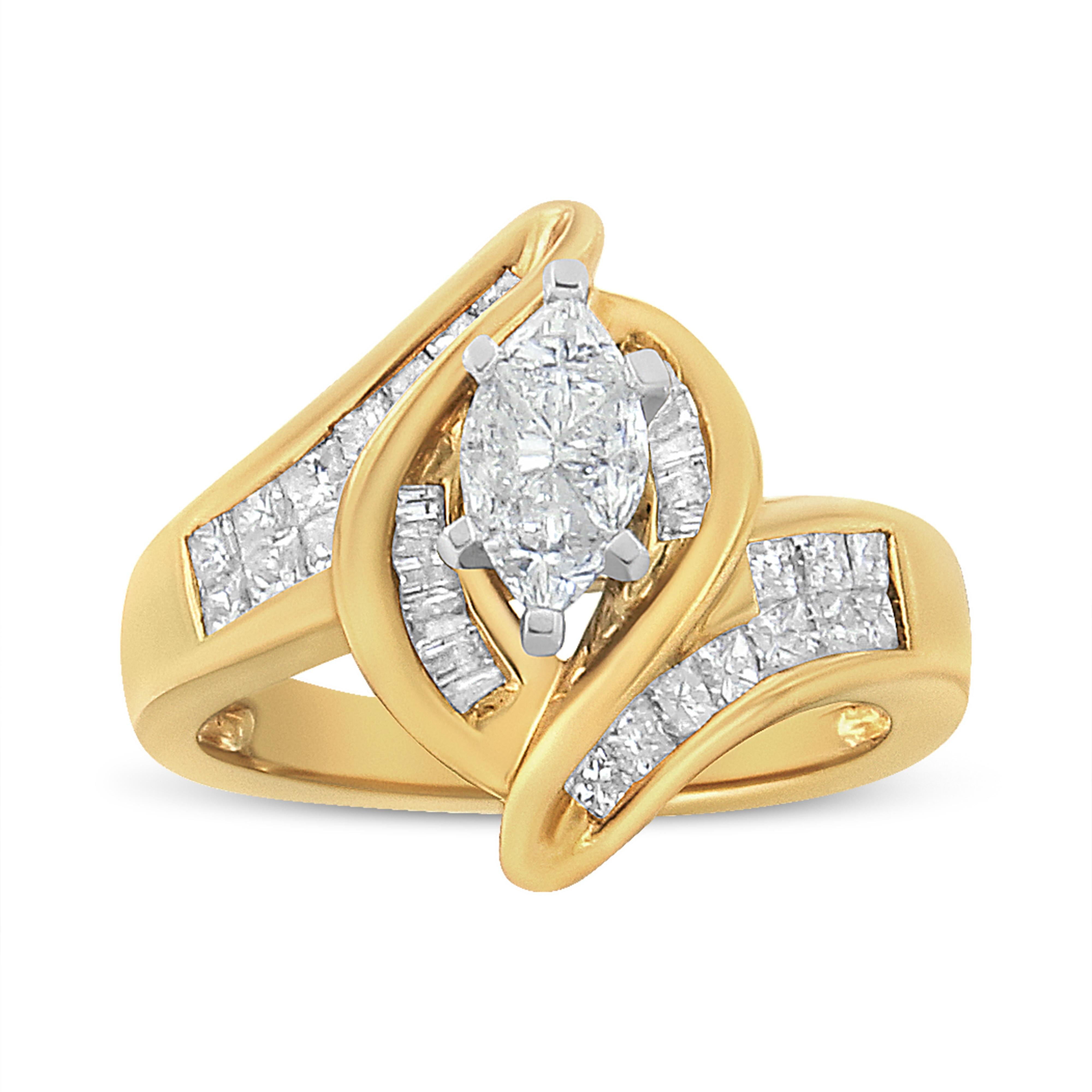 14K Yellow Gold Princess, Baguette, and Pie cut Diamond Marquise Shaped Ring 1 1/4 Cttw, G-H Color, SI1-SI2 Clarity - Size 5-1/2 on sale at MyriadMart