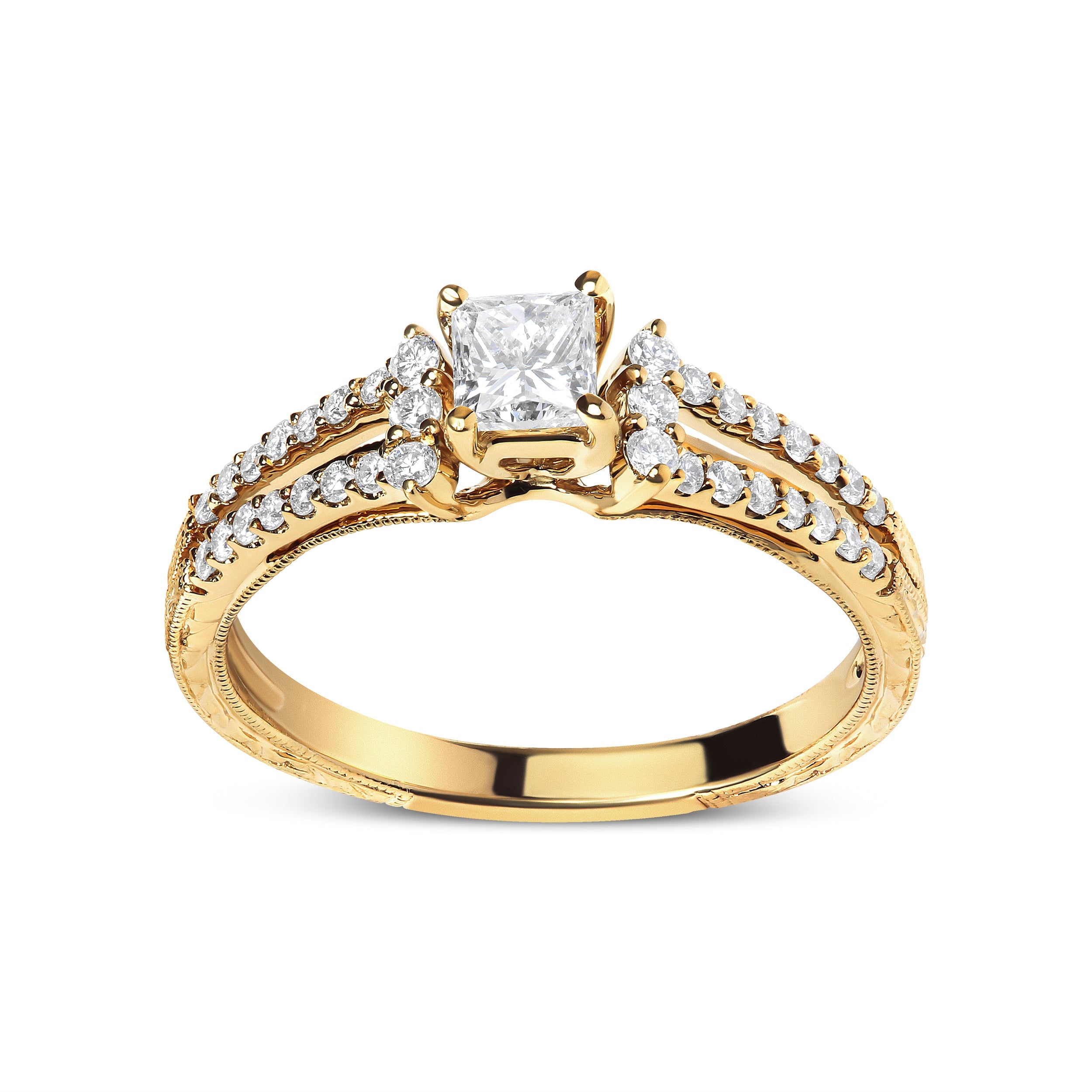 14K Yellow Gold Diamond 5/8 Cttw Princess Diamond Split Shank and Milgrain Engagement Ring G-H Color, VS2-SI1 Clarity - Size 7 on sale at MyriadMart