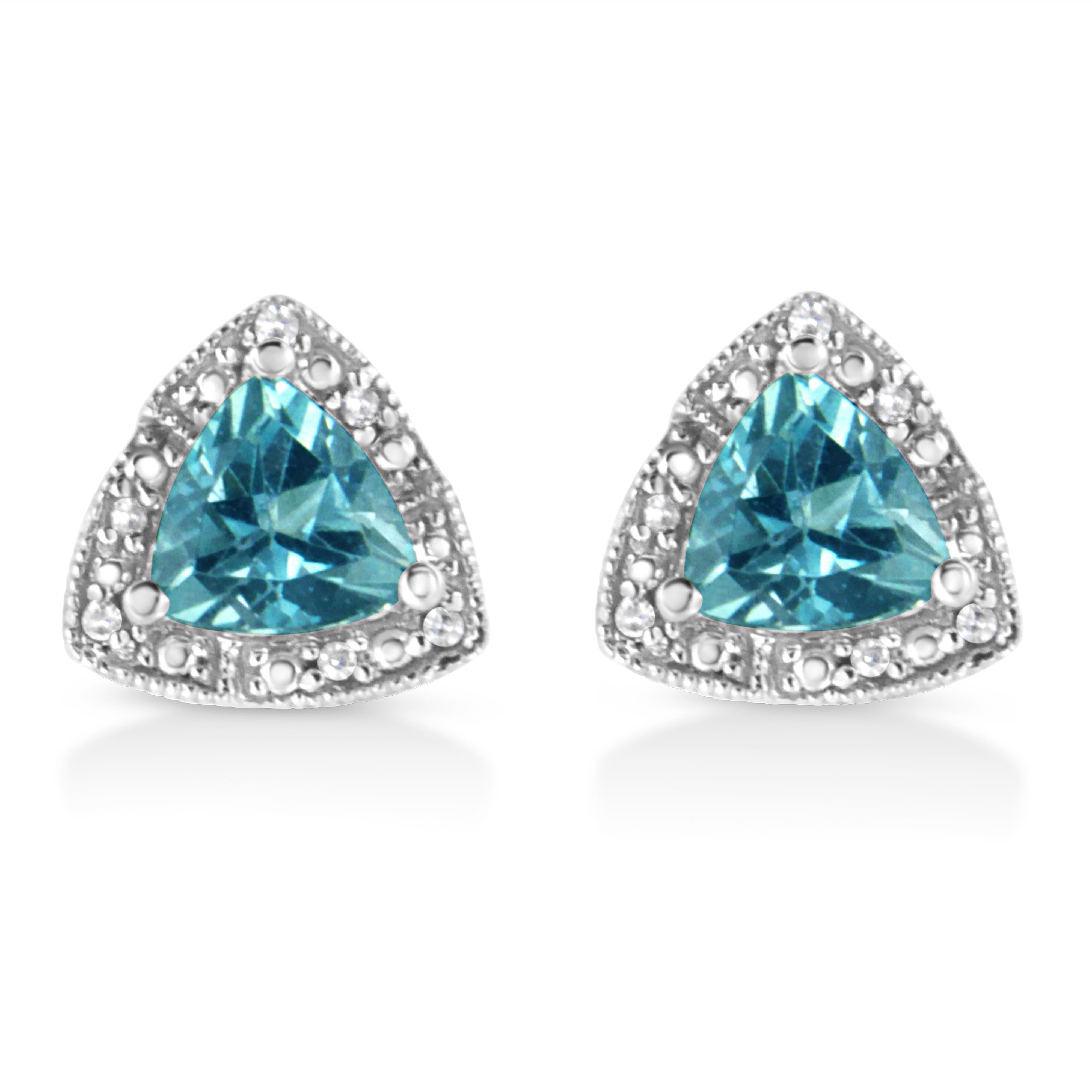 .925 Sterling Silver 6x6 mm Trillion Cut Blue Topaz Gemstone and Diamond Accent Stud Earring I-J Color, I1-I2 Clarity on sale at MyriadMart