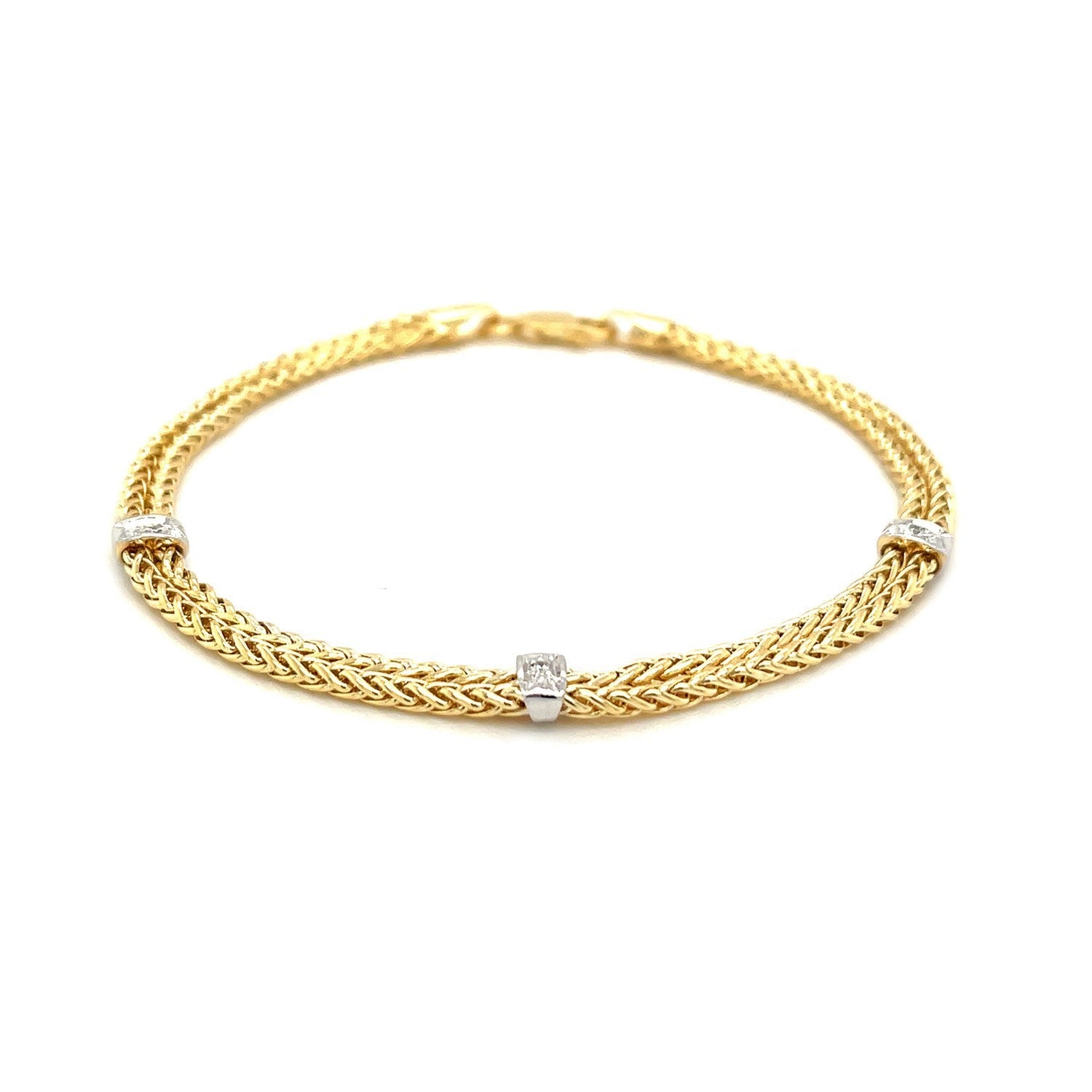 14k Two-Tone Gold Dual Wheat Chain Bracelet with Diamond Stations .02 cttw on sale at MyriadMart
