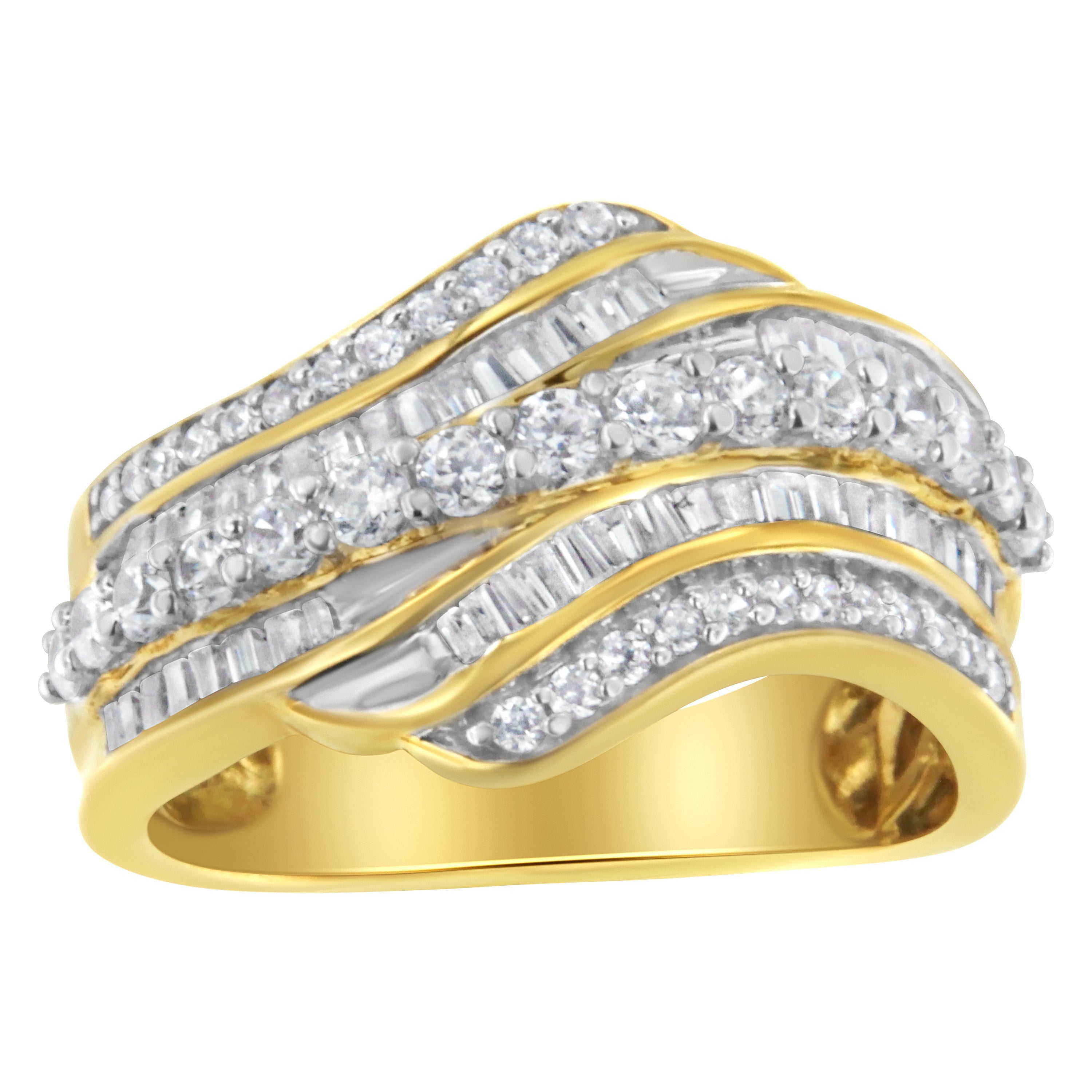 10K Yellow Gold 1.0 Cttw Baguette and Round Diamond Multi-Row Wave Bypass Ring I-J Color, I1-I2 Clarity - Ring Size 7 on sale at MyriadMart