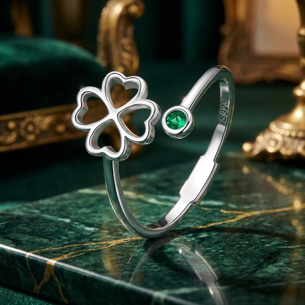 925 Sterling Silver Four-Leaf Clover Ring with Pavé CZ - 0.15cm Width on sale at MyriadMart