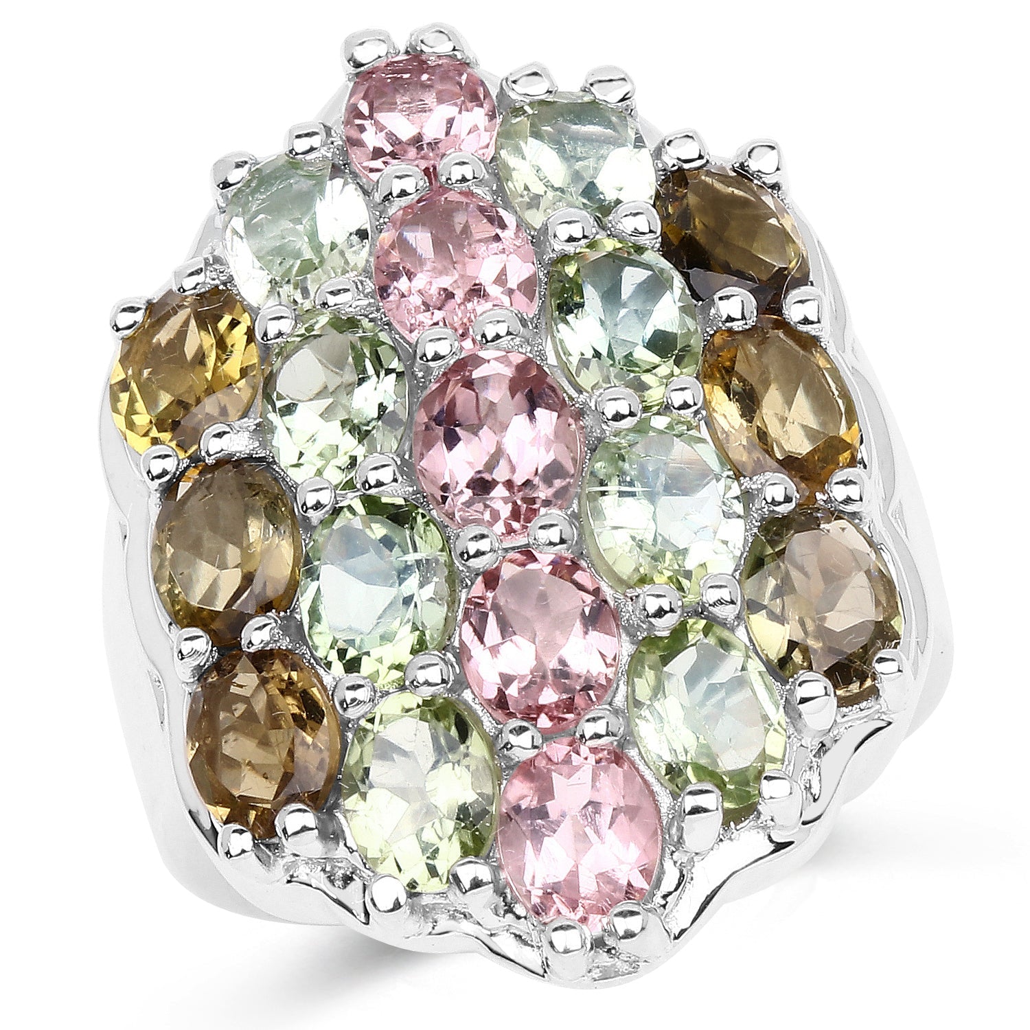 6.74 Carat Genuine Brown Tourmaline, Pink Tourmaline & Green Tourmaline .925 Sterling Silver Ring on sale at MyriadMart