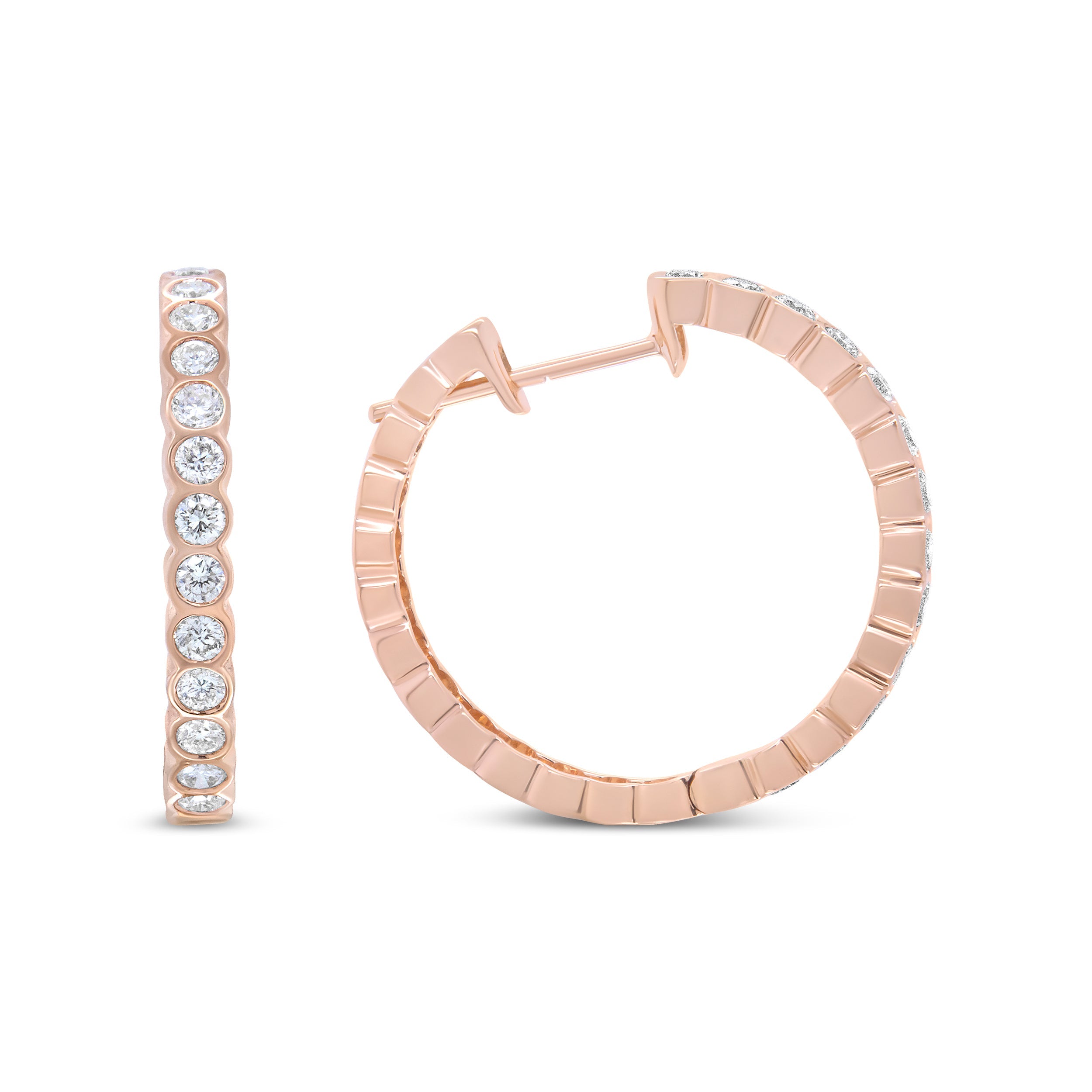 18K Rose Gold 1 Cttw Round Bezel-Set Diamond Hoop Earrings F-G Color, VS1-VS2 Clarity on sale at MyriadMart