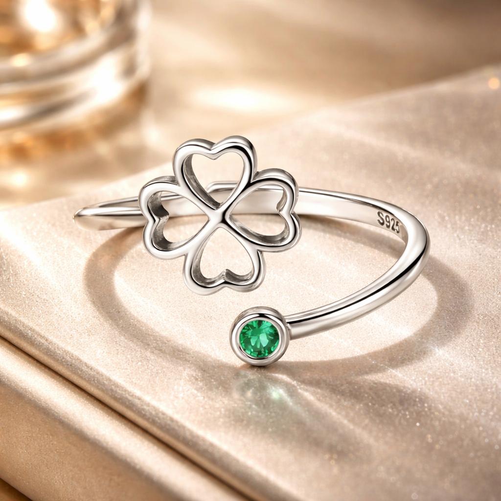925 Sterling Silver Four-Leaf Clover Ring with Pavé CZ - 0.15cm Width on sale at MyriadMart