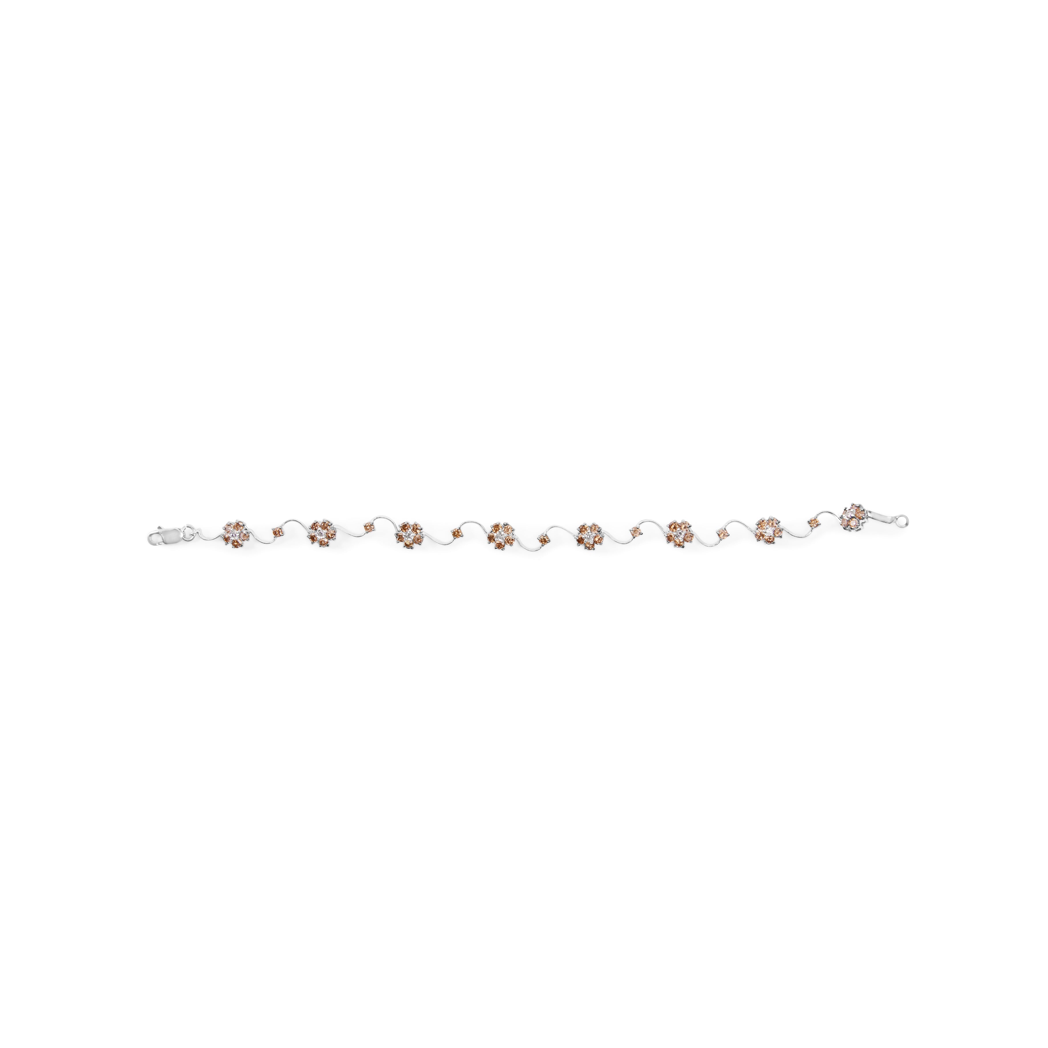 10K White Gold 4.0 Cttw Champagne and White Diamond Floral Cluster and Station Link Bracelet H-I Color, SI2-I1 Clarity - 7" Inches on sale at MyriadMart