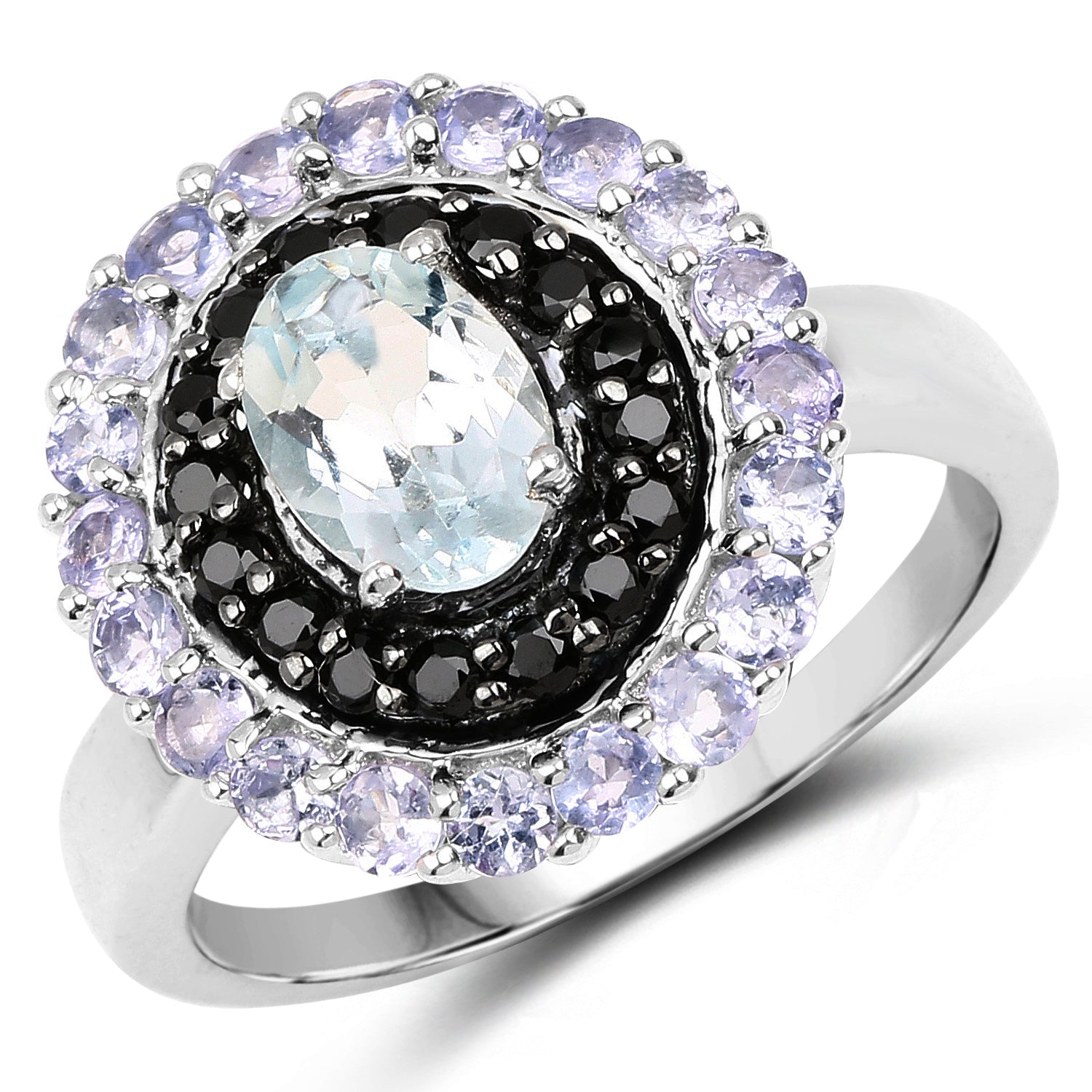 1.77 Carat Genuine Aquamarine, Black Spinel and Tanzanite .925 Sterling Silver Ring on sale at MyriadMart