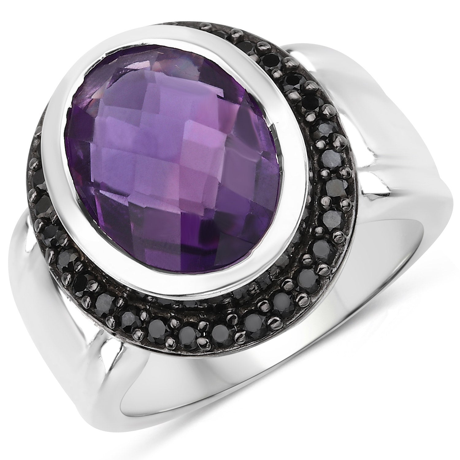 5.35 Carat Genuine Amethyst and Black Spinel .925 Sterling Silver Ring on sale at MyriadMart