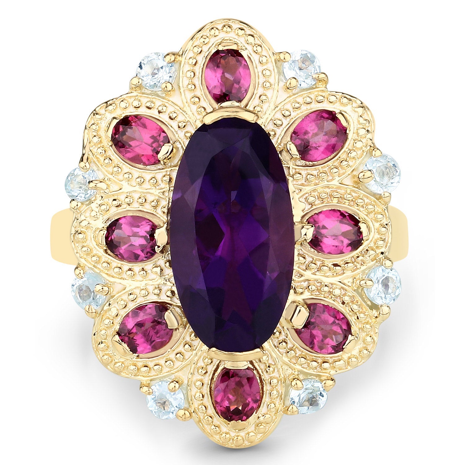 6.80 Carat Genuine Amethyst, Rhodolite and Blue Topaz .925 Sterling Silver Ring on sale at MyriadMart