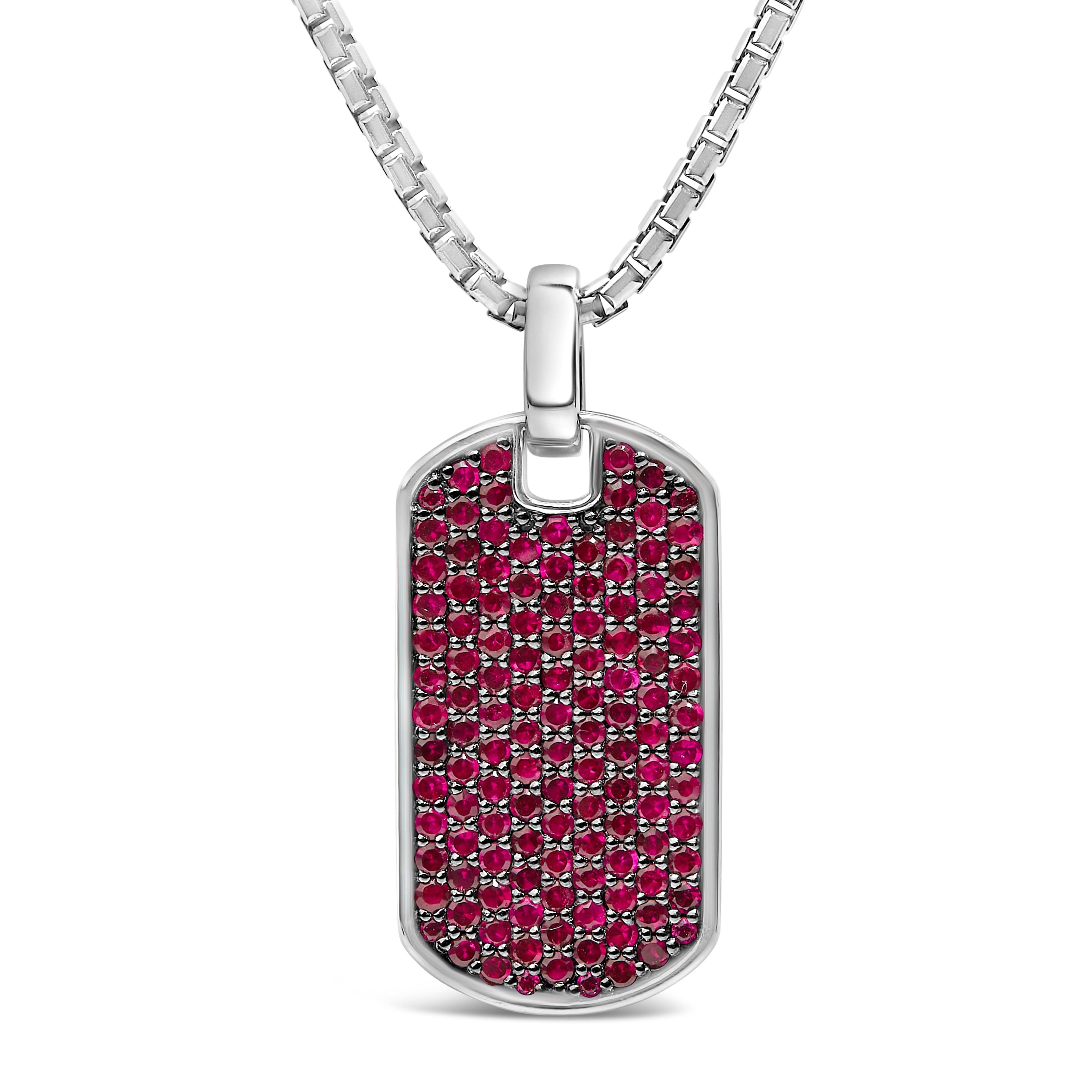 Men's .925 Sterling Silver Created Red Ruby Dog Tag Pendant Necklace - 22" Inches on sale at MyriadMart