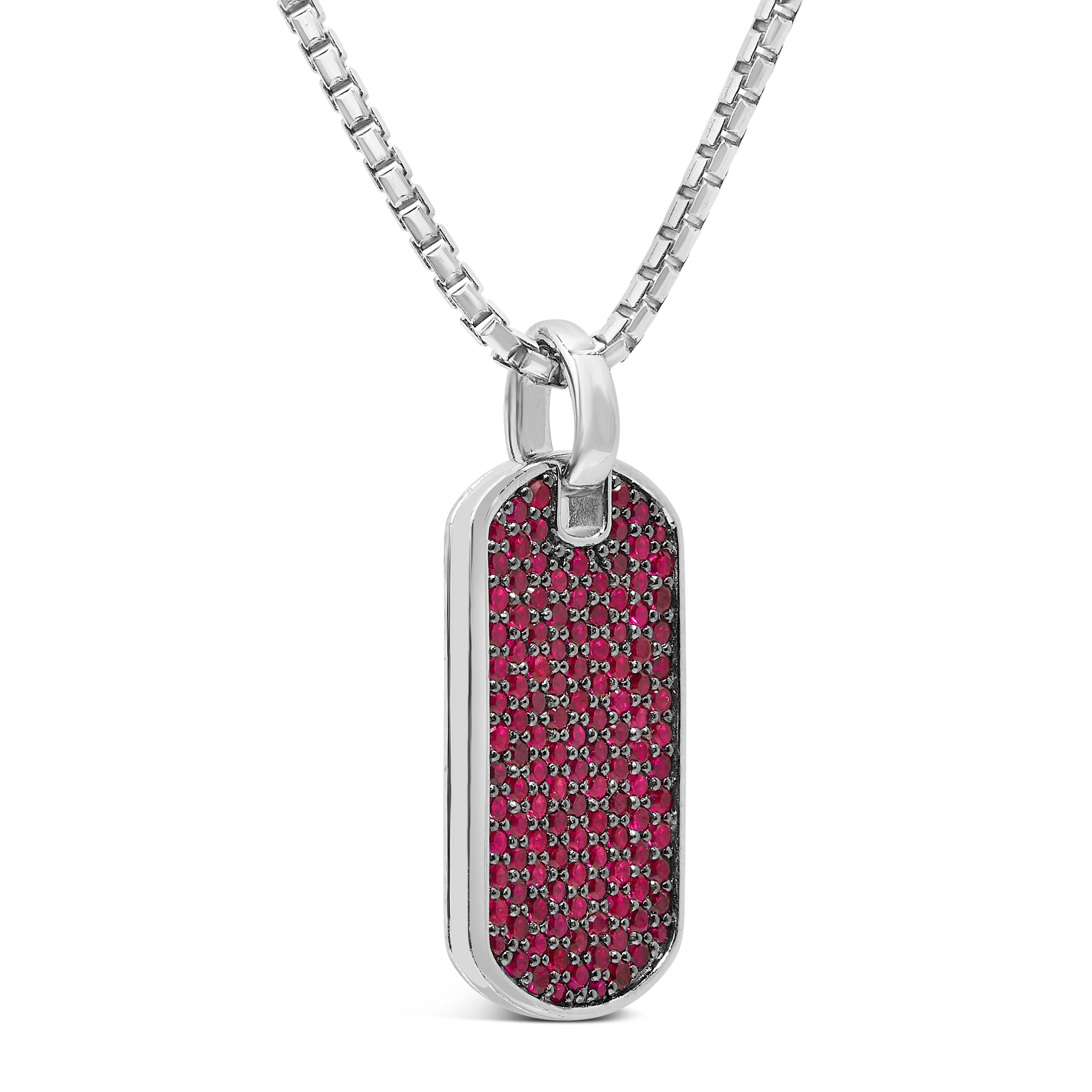 Men's .925 Sterling Silver Created Red Ruby Dog Tag Pendant Necklace - 22" Inches on sale at MyriadMart