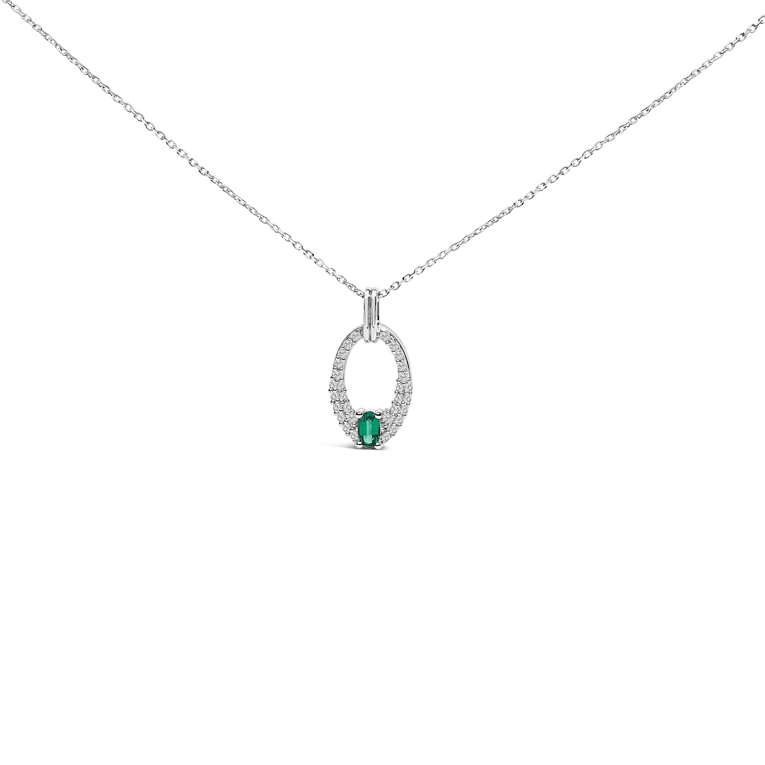 .925 Sterling Silver Created Green Emerald and White Sapphire Oval Shaped Pendant Necklace - 18" Inches on sale at MyriadMart