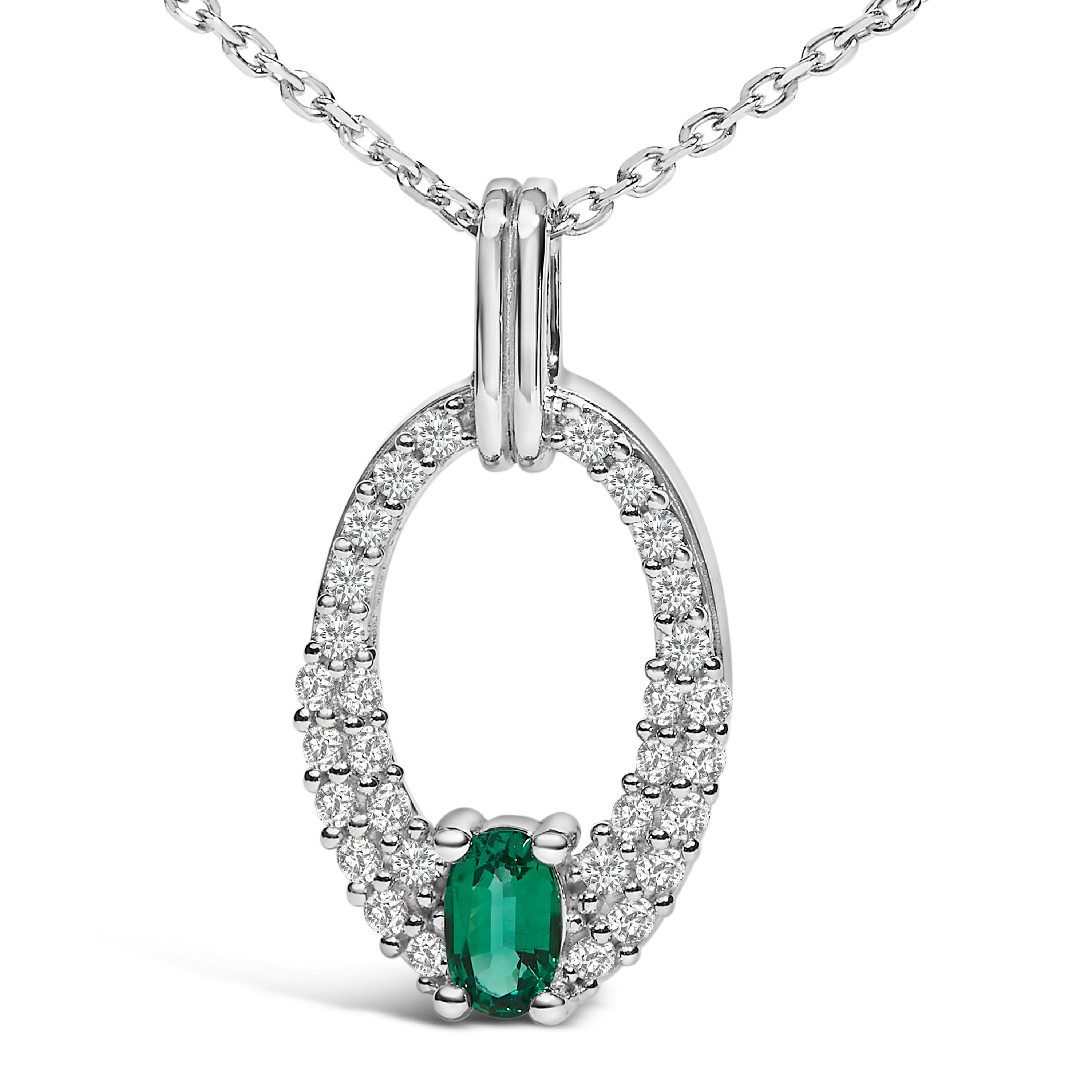 .925 Sterling Silver Created Green Emerald and White Sapphire Oval Shaped Pendant Necklace - 18" Inches on sale at MyriadMart