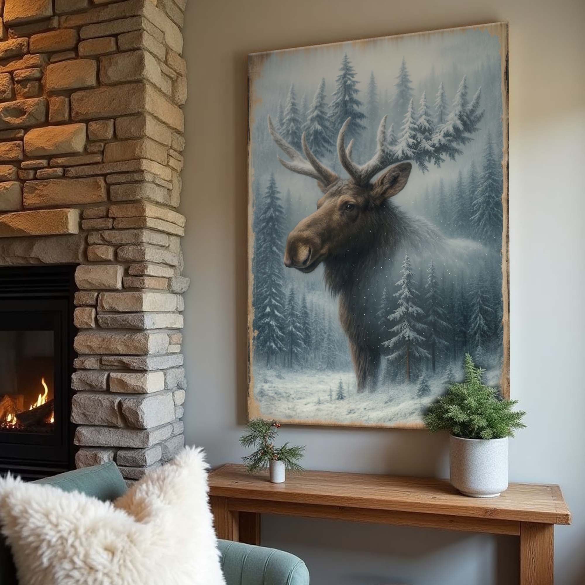 Snowy Forest Moose Double Exposure Wall Art on sale at MyriadMart