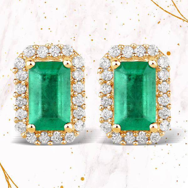 0.91 Carat Genuine Zambian Emerald and White Diamond 14K Yellow Gold Earrings on sale at MyriadMart