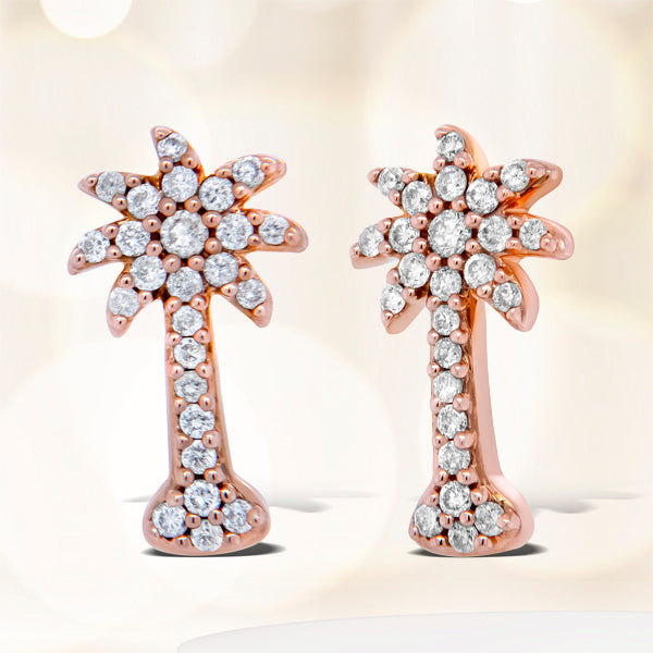 10K Rose Gold 1/4 Cttw Diamond Palm Tree Push Back Stud Earrings H-I Color, I1-I2 Clarity on sale at MyriadMart