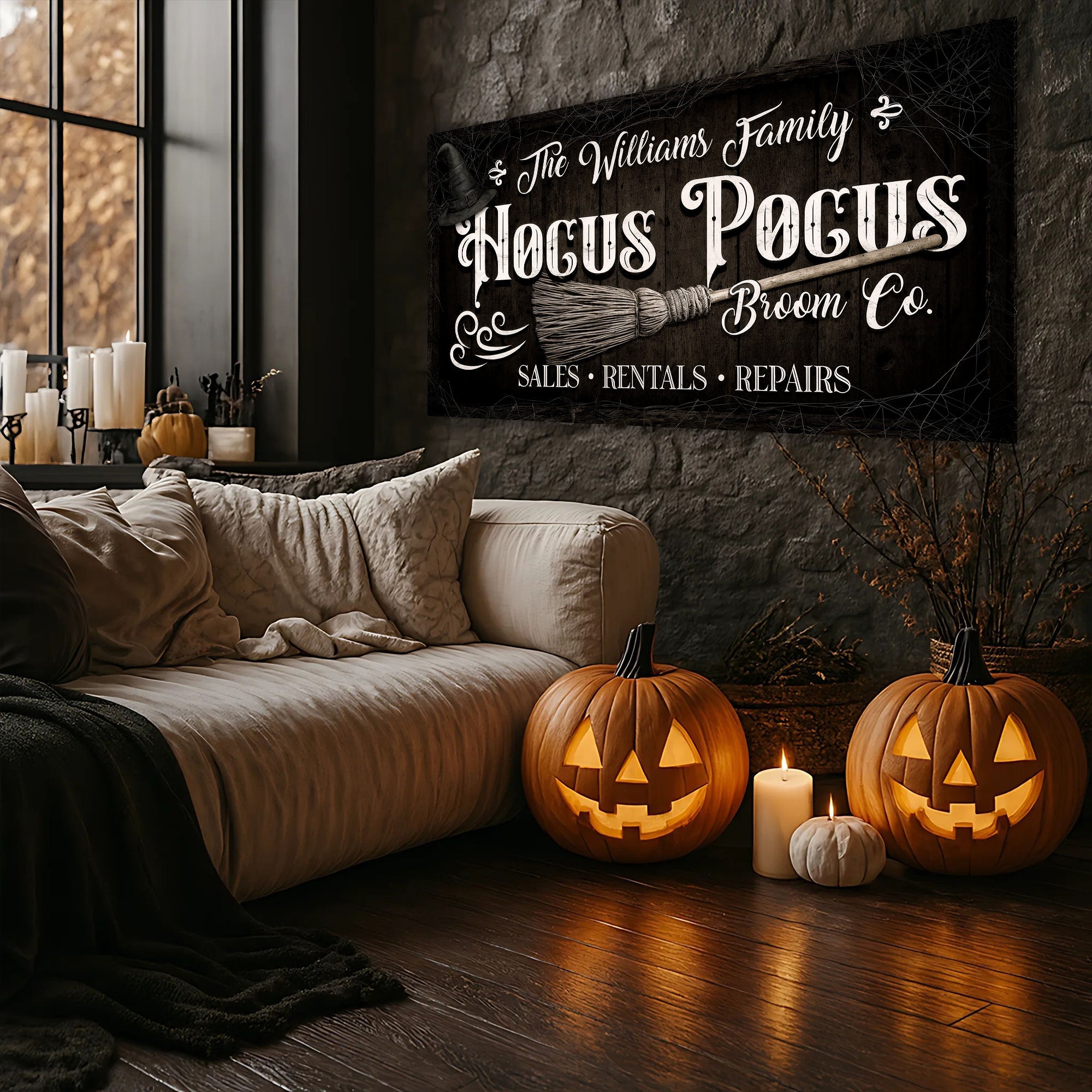 Personalized Hocus Pocus Broom Co. Wall Sign on sale at MyriadMart