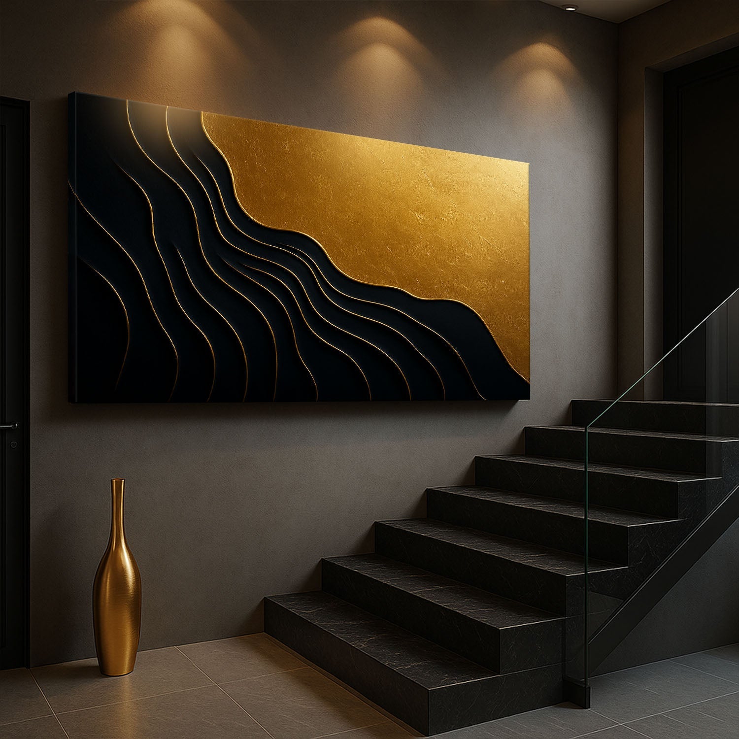 Black And Gold Minimalist Abstract IX on sale at MyriadMart