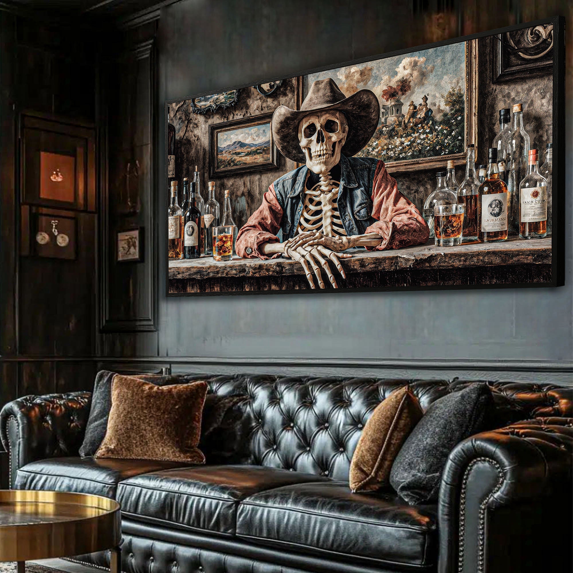 Skeleton Cowboy Barman At Western Saloon Wall Art on sale at MyriadMart
