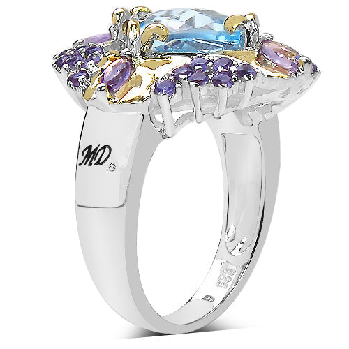 5.66 Carat Genuine Blue Topaz, Amethyst & White Diamond .925 Sterling Silver Ring on sale at MyriadMart