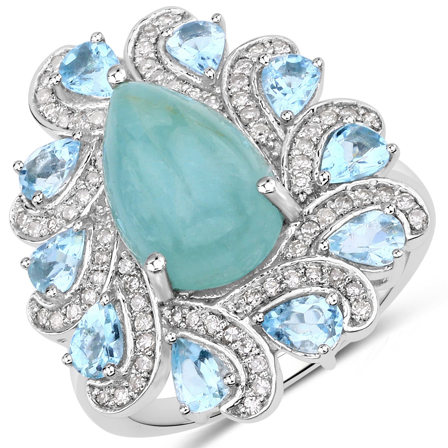5.23 Carat Genuine Aquamarine and White Diamond .925 Sterling Silver Ring on sale at MyriadMart