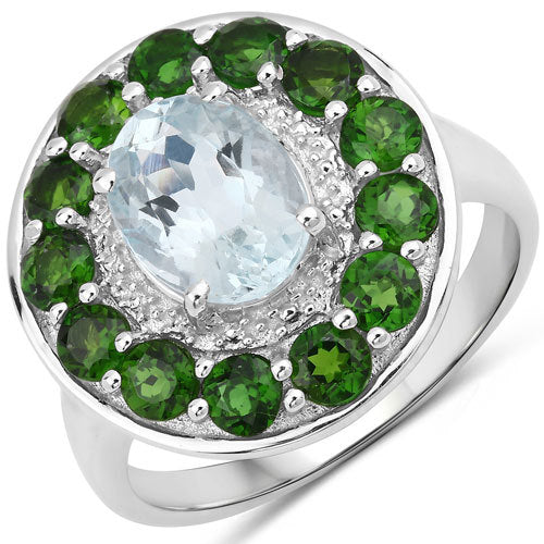 2.96 Carat Genuine Aquamarine and Chrome Diopside .925 Sterling Silver Ring on sale at MyriadMart