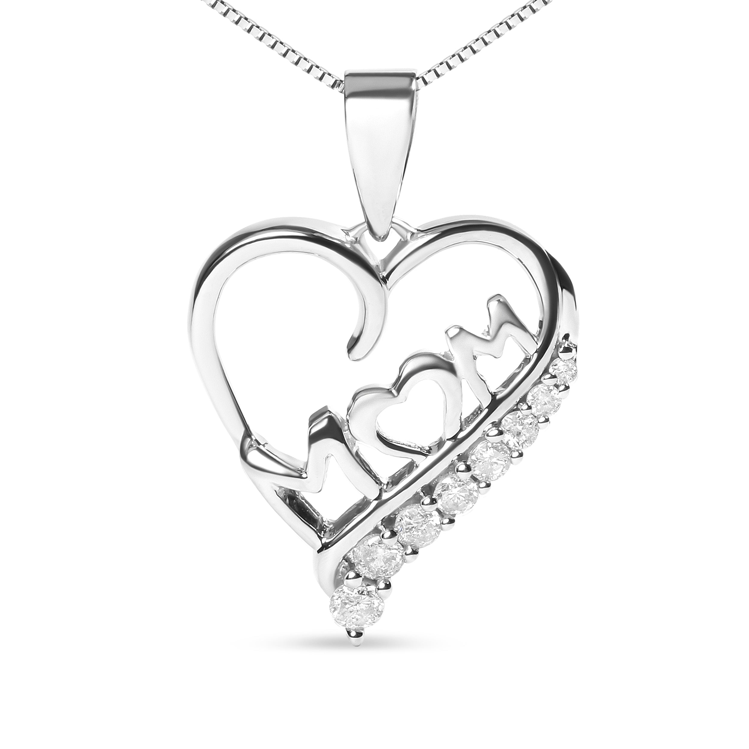 .925 Sterling Silver 1/4 Cttw Diamond "Mom" and Open Heart 18" Pendant Necklace I-J Color, I2-I3 Clarity on sale at MyriadMart