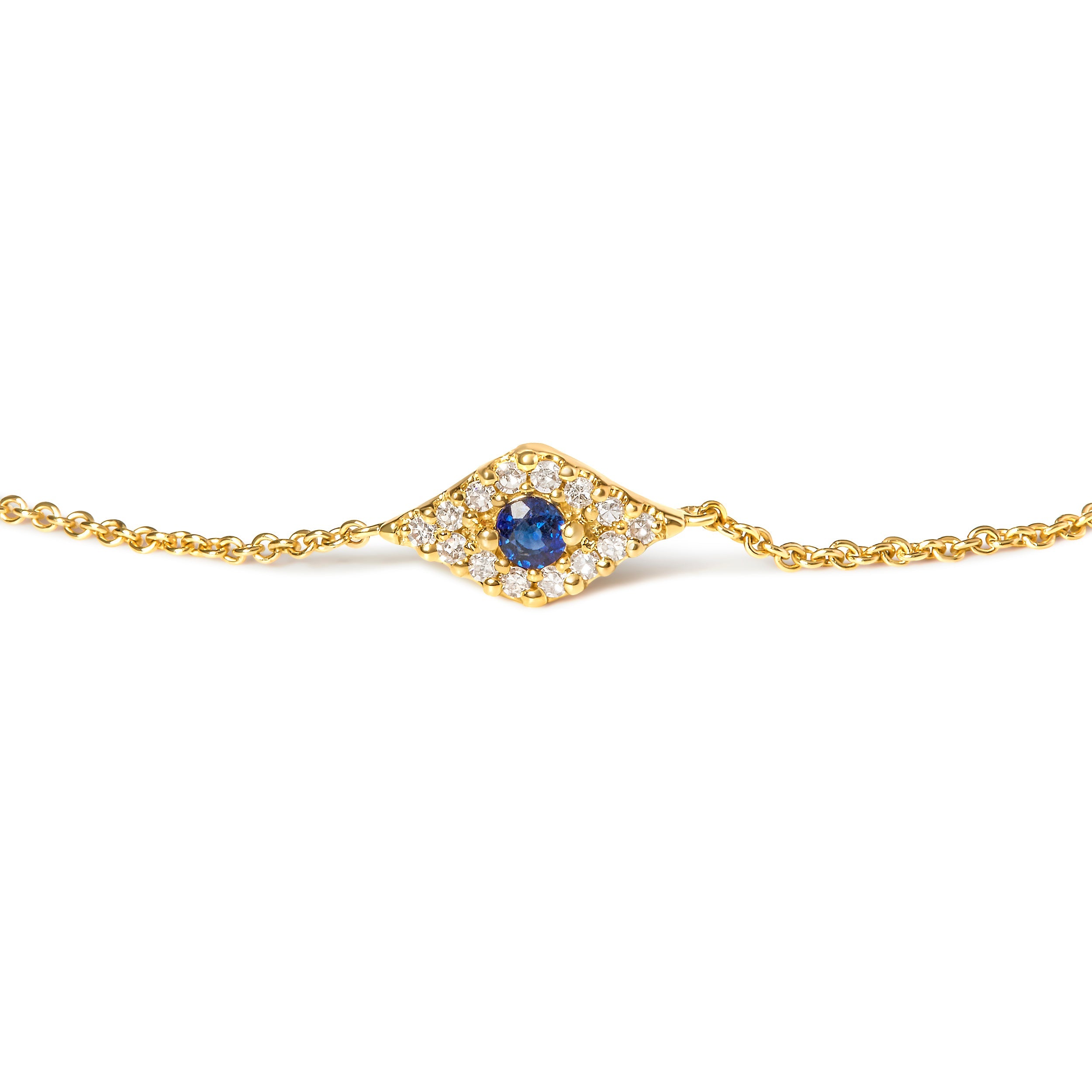 10K Yellow Gold Blue Sapphire and Diamond Accent Evil Eye Station Link Bracelet H-I Color, I1-I2 Clarity - Size 7" on sale at MyriadMart