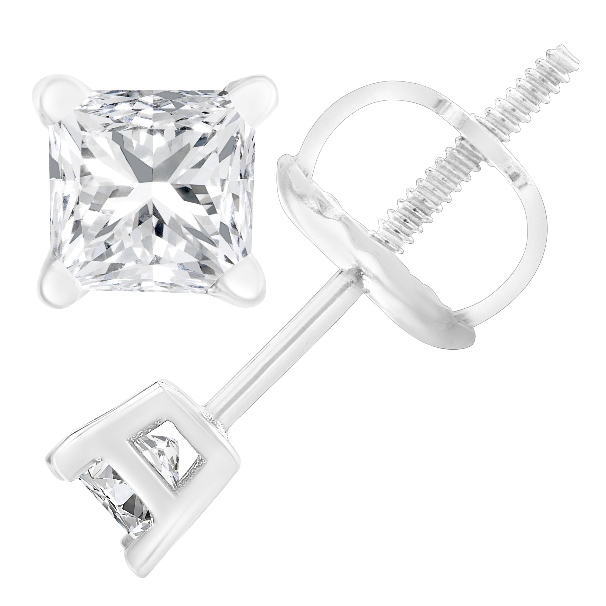 AGS Certified 18K White Gold 1.0 Cttw 4-Prong Set Princess-Cut Solitaire Diamond Screw Back Stud Earrings E-F Color, SI2-I1 Clarity on sale at MyriadMart
