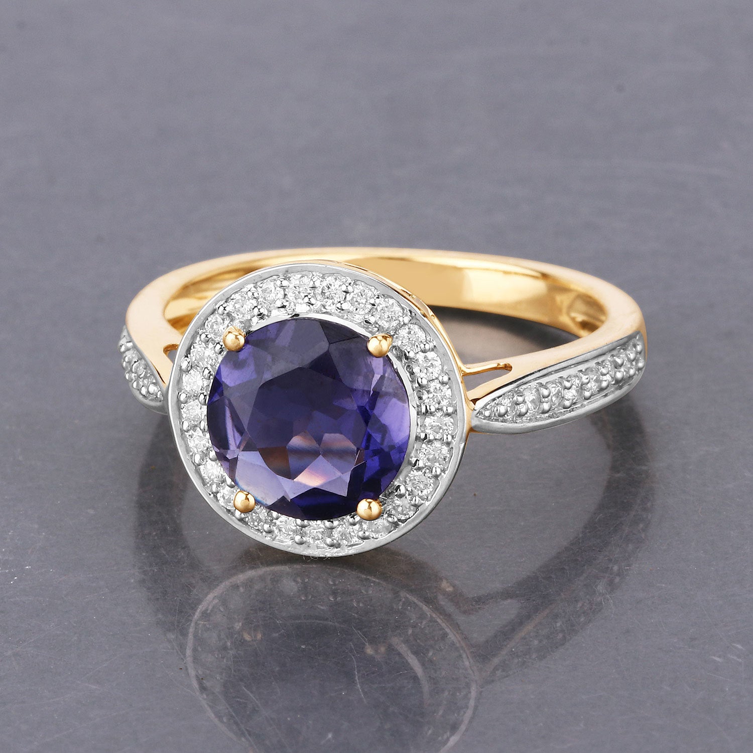 1.79 Carat Genuine Iolite and White Diamond 14K Yellow Gold Ring on sale at MyriadMart