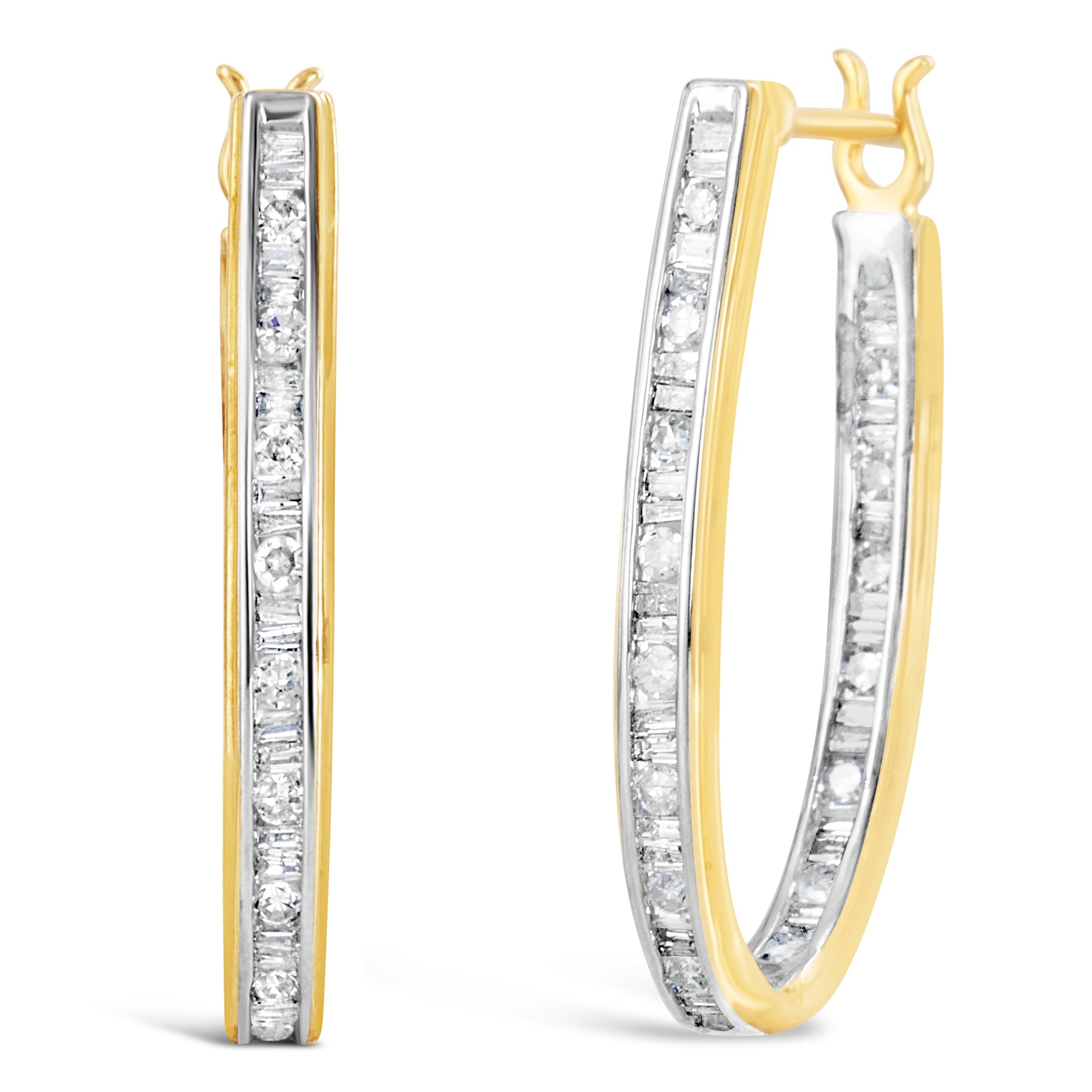 10K Yellow Gold 1.00 Cttw Round and Baguette-Cut Diamond U-Hoop Earrings H-I Color, SI2-I1 Clarity on sale at MyriadMart